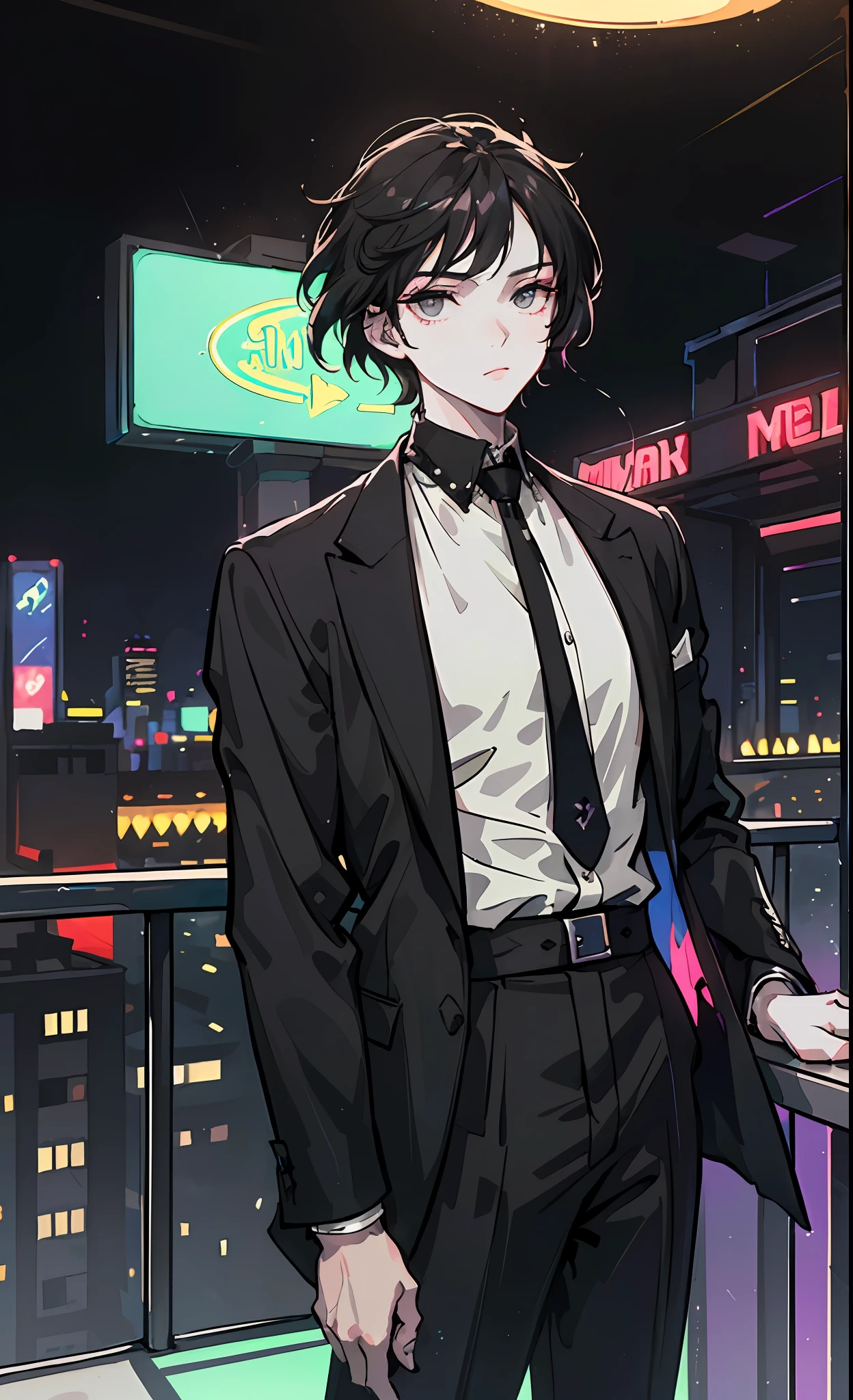 ((obra-prima)),(ilustração),((melhor qualidade)),Very Detailed, CEO, (Nightclub Background: 1.5) (1person: 1.3) beautiful masculine woman, short black hair, grey eyes, light skin, neon lights, badass, androgynous, powerful leader, wearing a male black suit, apartamento luxuoso.