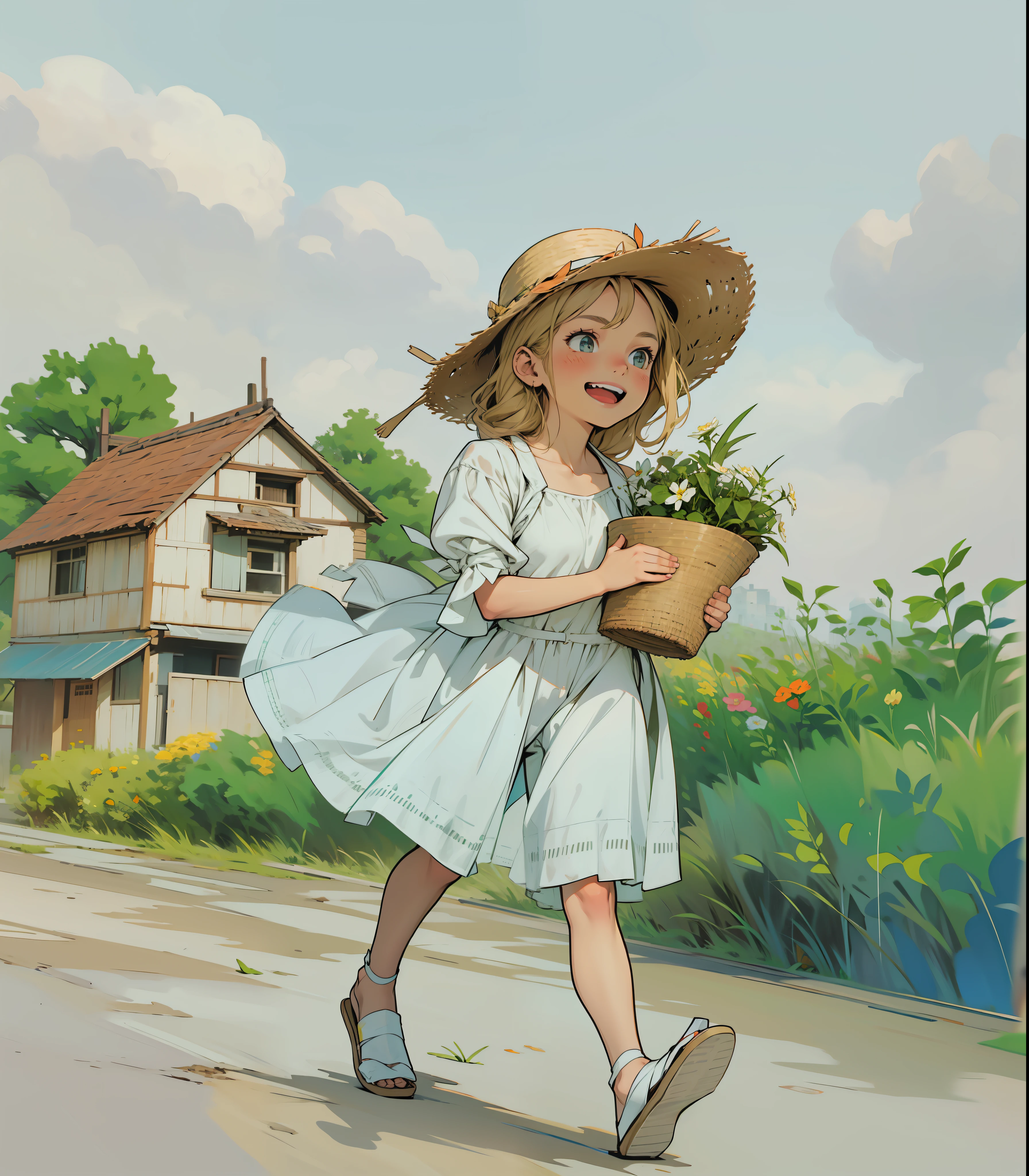 A young girl, wearing white cloth and straw hat, holding flowers, background house, comic book cover style, sky clear.