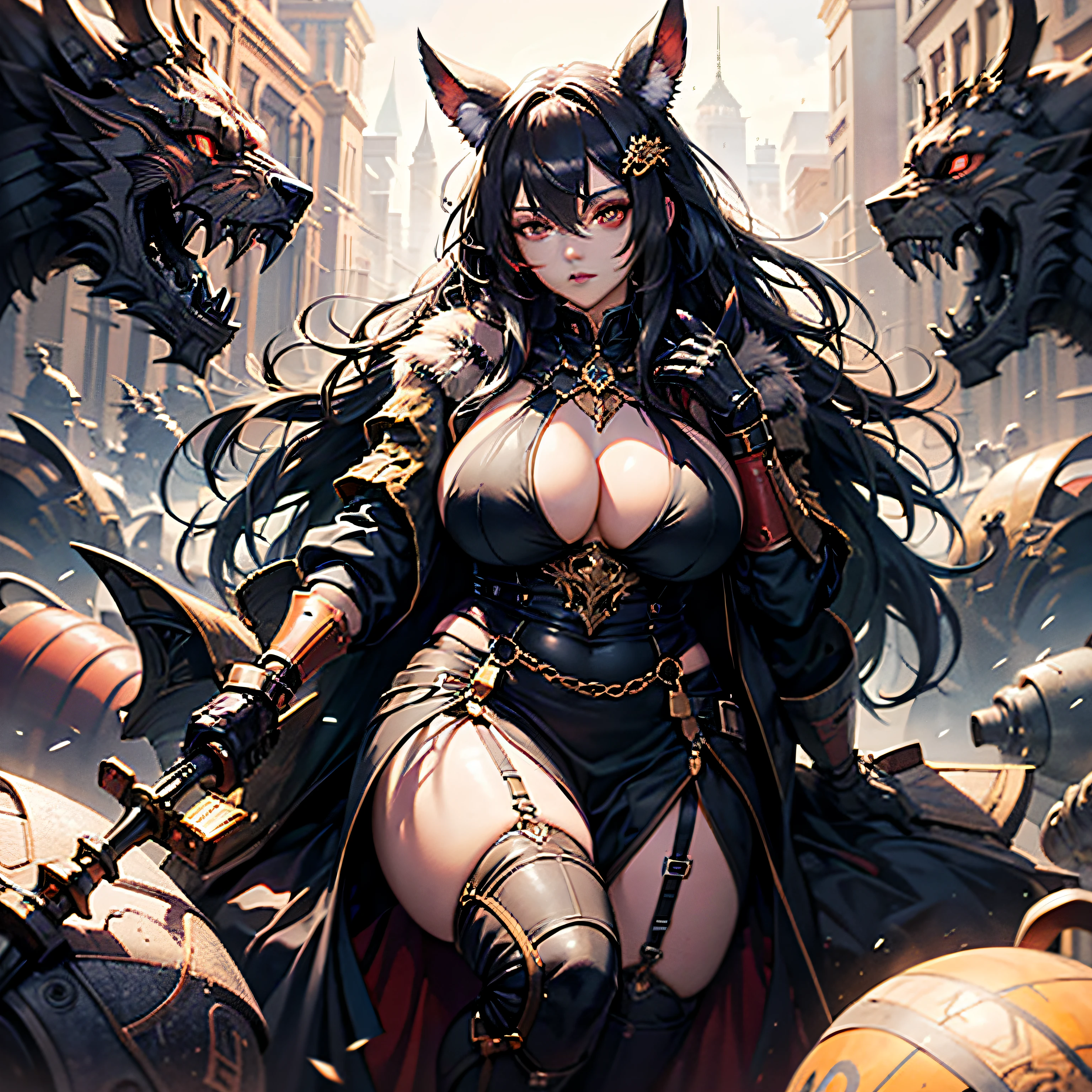 Black hair, red eyes, long hair, fair complexion, mysterious temperament, girly style, fleshy, big breasts, plump --auto