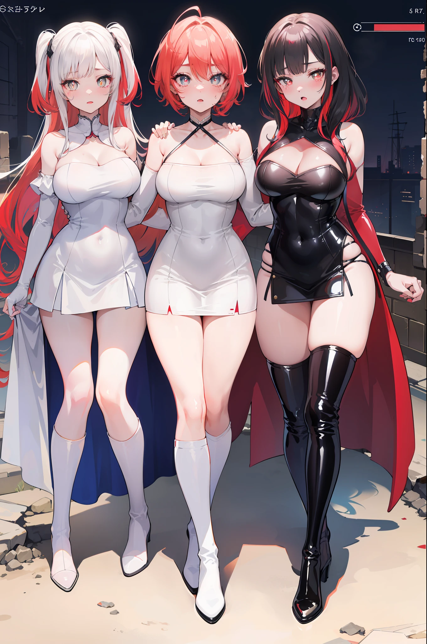 ((illustration)),(anime_screencap)),Masterpiece,distinct_image,High resolution,super_detail,high_quality_anime,intricate_details,((perfect_anatomy)))),(Full body))),(wide_shot),looking_to_the_side, ((2koma)),((left to right_manga)),((ruins)),((height difference)),(Chaotic_Evil))),(full face blush)))),((side up),((multicolored hair))),((thick eyelashes)),(golden eyes))),((glowing pupils)),open_mouth skinny_ abs, steam sweat, white_skin, mature_female, Medium breasts, (((latex_dress)))), thigh_boots, (((head + together))), (((red face))), ((arm around neck))