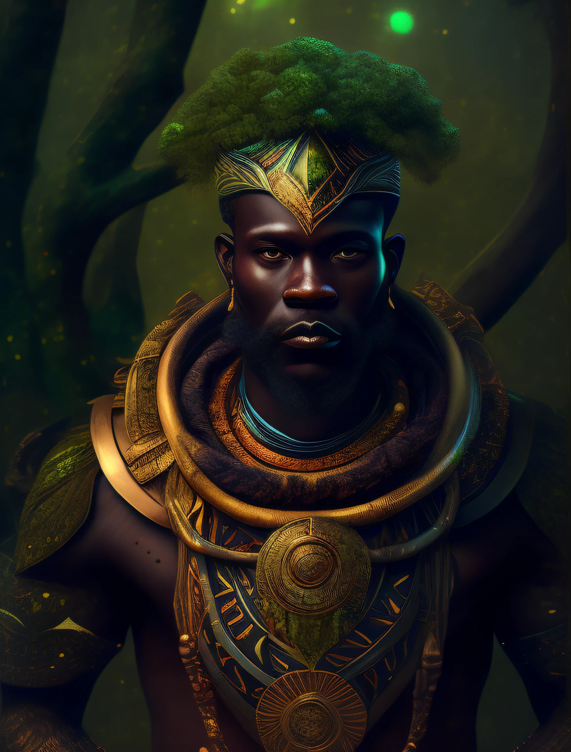 Oxossi the African orisha, strong man hunter, wearing a detailed and intricate ade, uhd, god of forests, friendly look, cosmic god, astrophotography