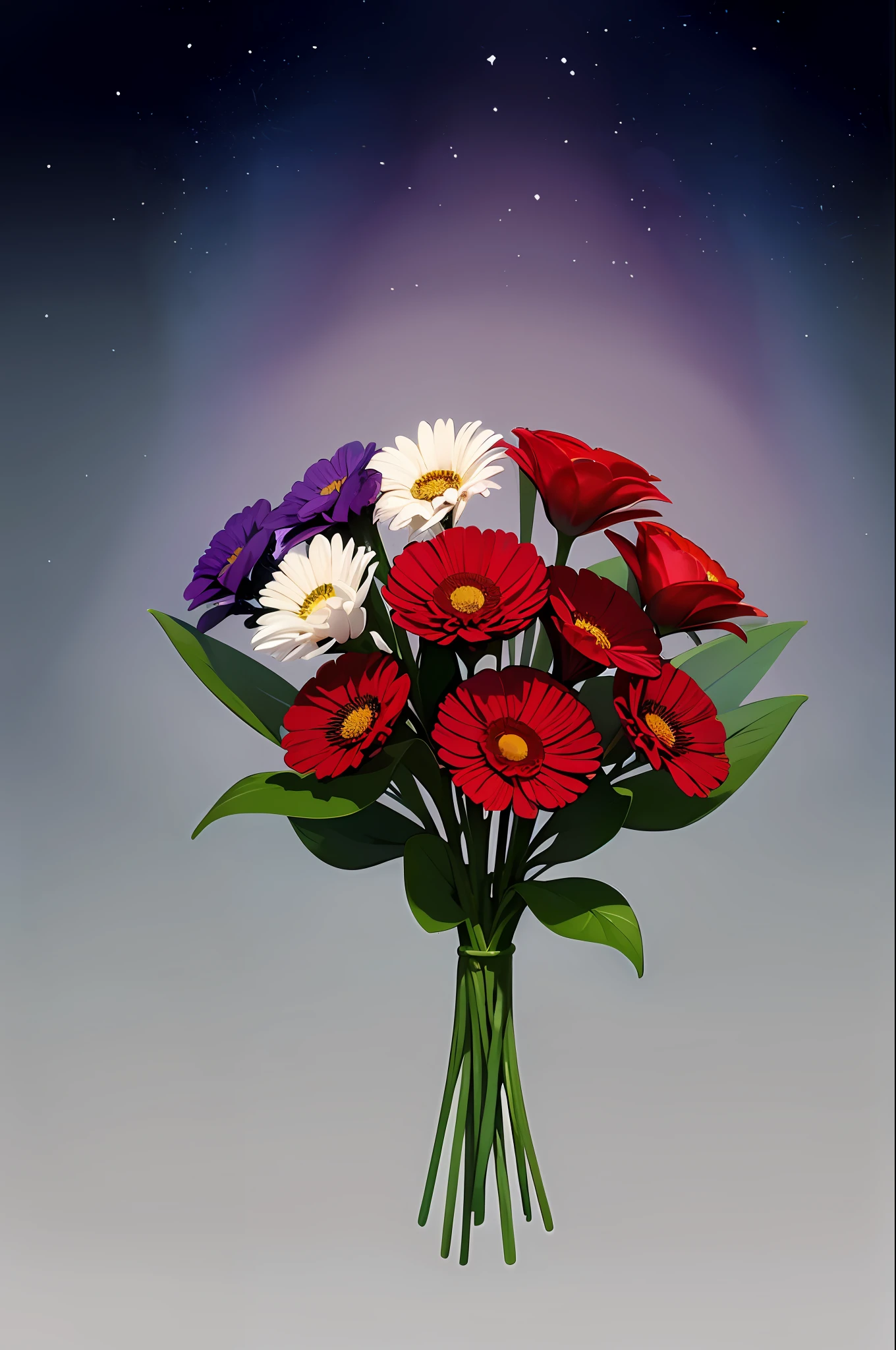 "Flat flowers, purple flowers blooming in a simple background, hanging quietly in the air, no one around, leaves surrounding them, like a bouquet of flowers. This flat flower is embellished with red ribbons that contrast with a white background. They are the stars of the plant world, showcasing still life art on a beautiful gray background. "
