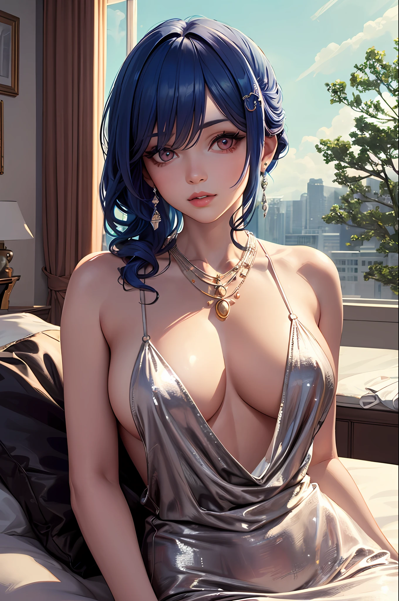 ((Masterpiece, Best Quality)), St. Louis \(Luxury Wheels) \(Azure Lane), High resolution, highest quality, illustration, cinematic light, super detailed, detailed face, (detailed eyes), best quality, ultra detailed, masterpiece, (detailed face), room, hair accessory, earrings, necklace, portrait, silver dress, revealing clothes, highest detail, glowing eyes, (hotel:1.2), sitting on bed, sitting, bed, window, night sky, backlight, light, (high contrast), (color), bare