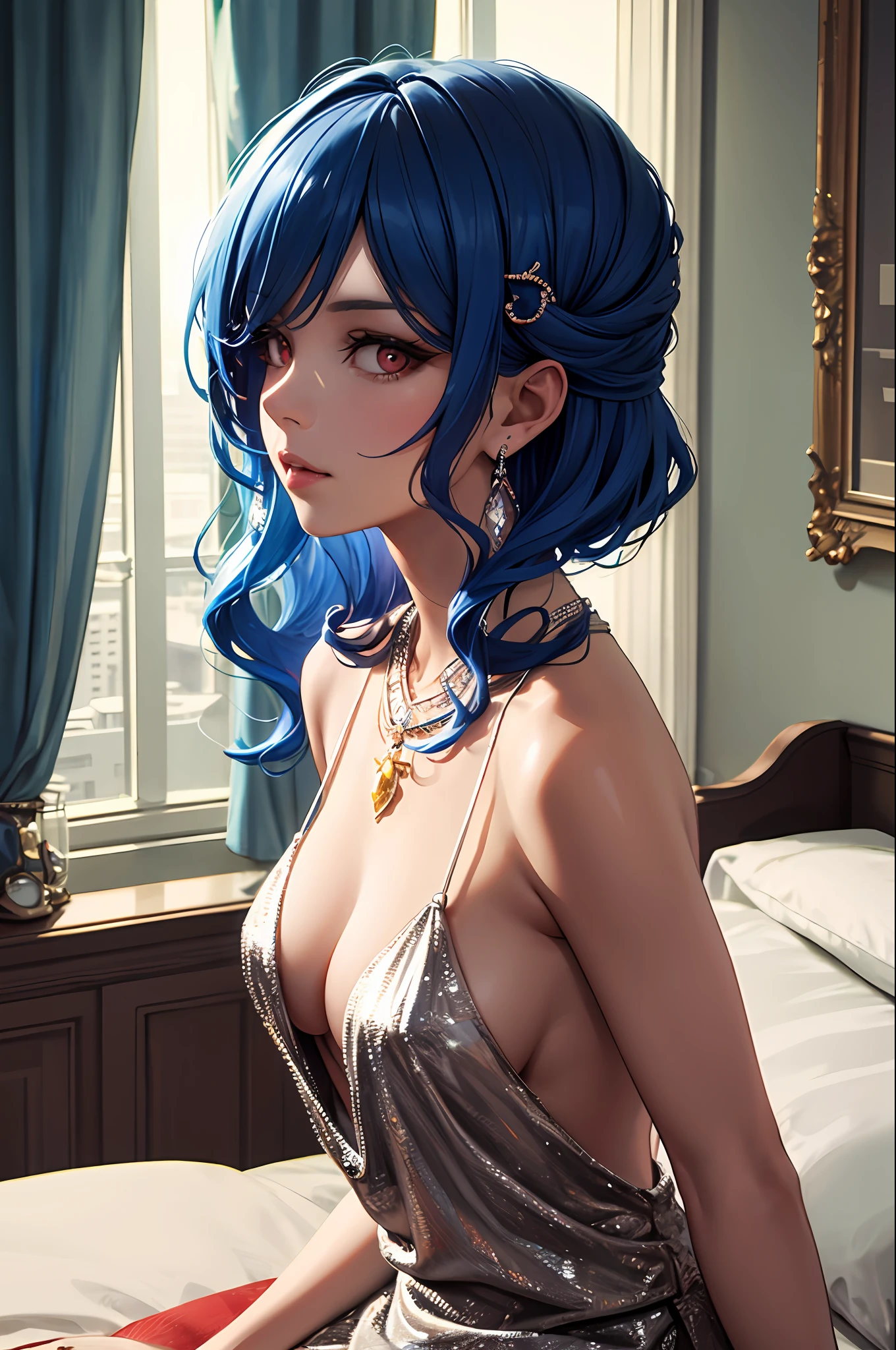 ((Masterpiece, Best Quality)), St. Louis \(Luxury Wheels) \(Azure Lane), High resolution, highest quality, illustration, cinematic light, super detailed, detailed face, (detailed eyes), best quality, ultra detailed, masterpiece, (detailed face), room, hair accessory, earrings, necklace, portrait, silver dress, revealing clothes, highest detail, glowing eyes, (hotel:1.2), sitting on bed, sitting, bed, window, night sky, backlight, light, (high contrast), (color), bare