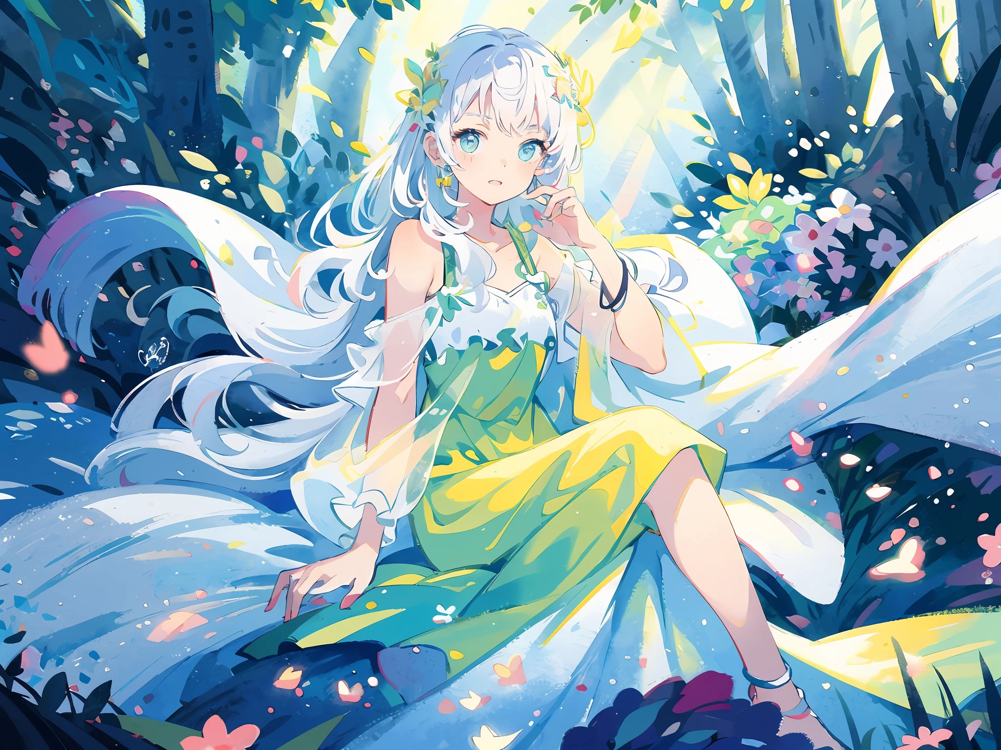 (highest quality), (masterpiece: 1.2), (colorful: 0.9), (ink splash)), (color splashing), (watercolor)))), clear focus, model shot, full body,
(Summer Portrait Goddess: 1.5), cute look, elegant white colored hair, beautiful detailed face and eyes, elegant goddess clothes, ((Summer forest background)),
Colored Water, Forest