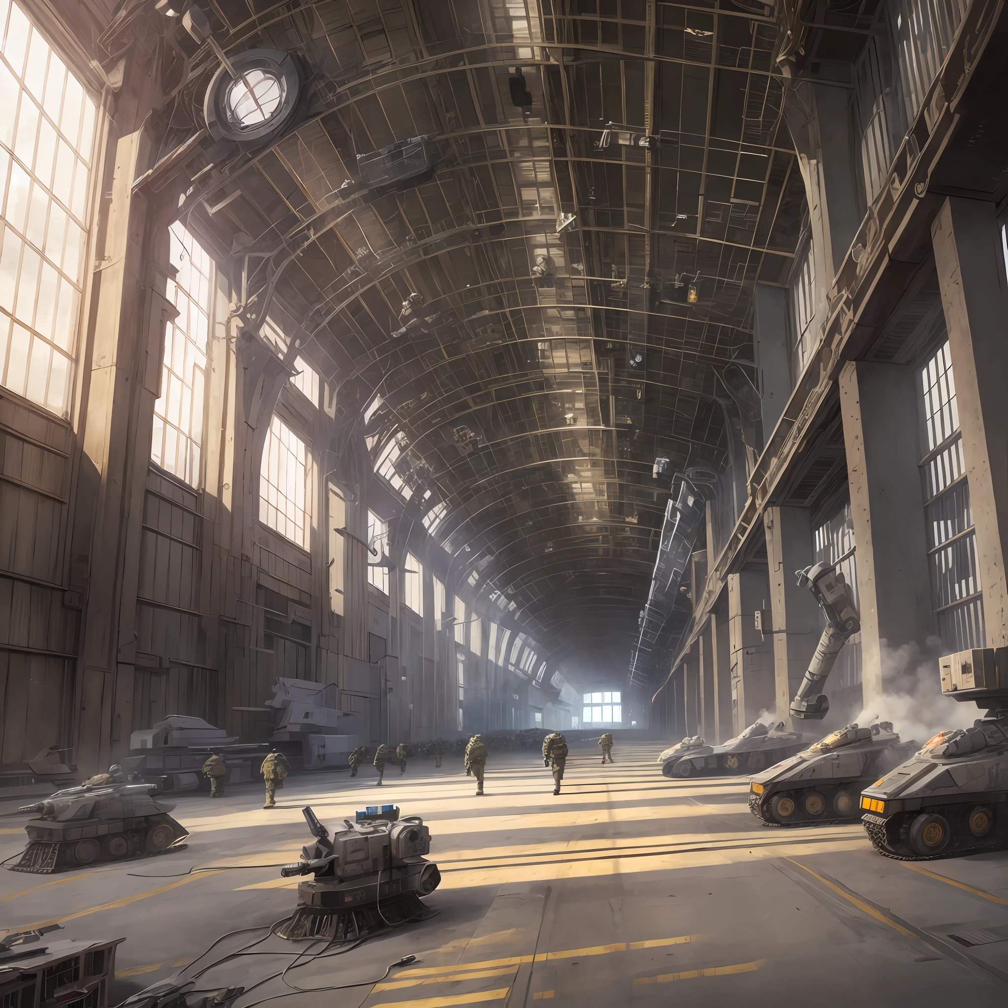 NSFW, a platoon of giant robotic weapons in a hangar, Marines,