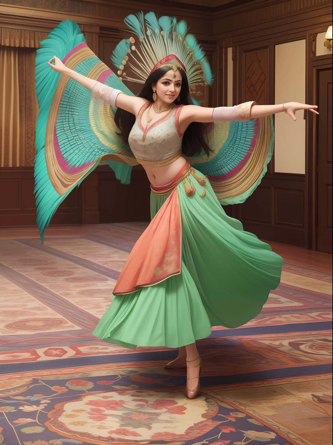 A mesmerizing image of a vibrant, colorful woman in a traditional Indian peafowl costume dancing gracefully across a beautifully painted, carpeted floor. The woman's vibrant colors and vibrant patterns blend seamlessly with the warm, feline tones of the carpet and the floor. She stands tall, and the vibrant carpet adds depth and dimension to the scene. The narrow depth of field adds a soft depth of field, while the soft focus lens captures the essence of the scene and the dancers. wide aperture, fast shutter speed, high contrast Office photography: by Nell Anderson by Lili Hancock