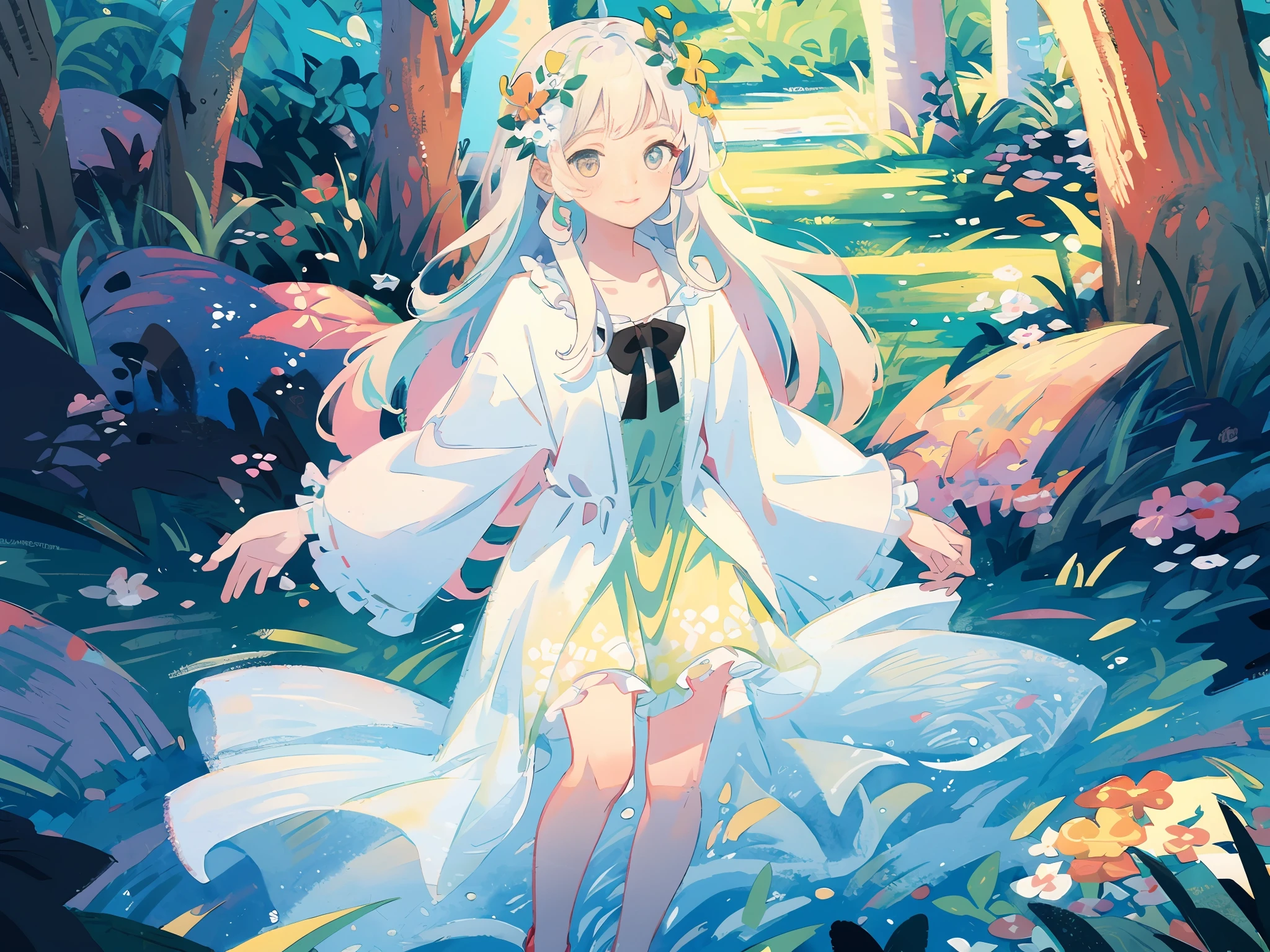 (highest quality), (masterpiece: 1.2), (colorful: 0.9), (ink splash)), (color splashing), (watercolor)))), clear focus, model shot, full body,
(Summer Portrait Goddess: 1.5), cute look, elegant white colored hair, beautiful detailed face and eyes, elegant goddess clothes, ((Summer forest background)),
Colored Water, Forest