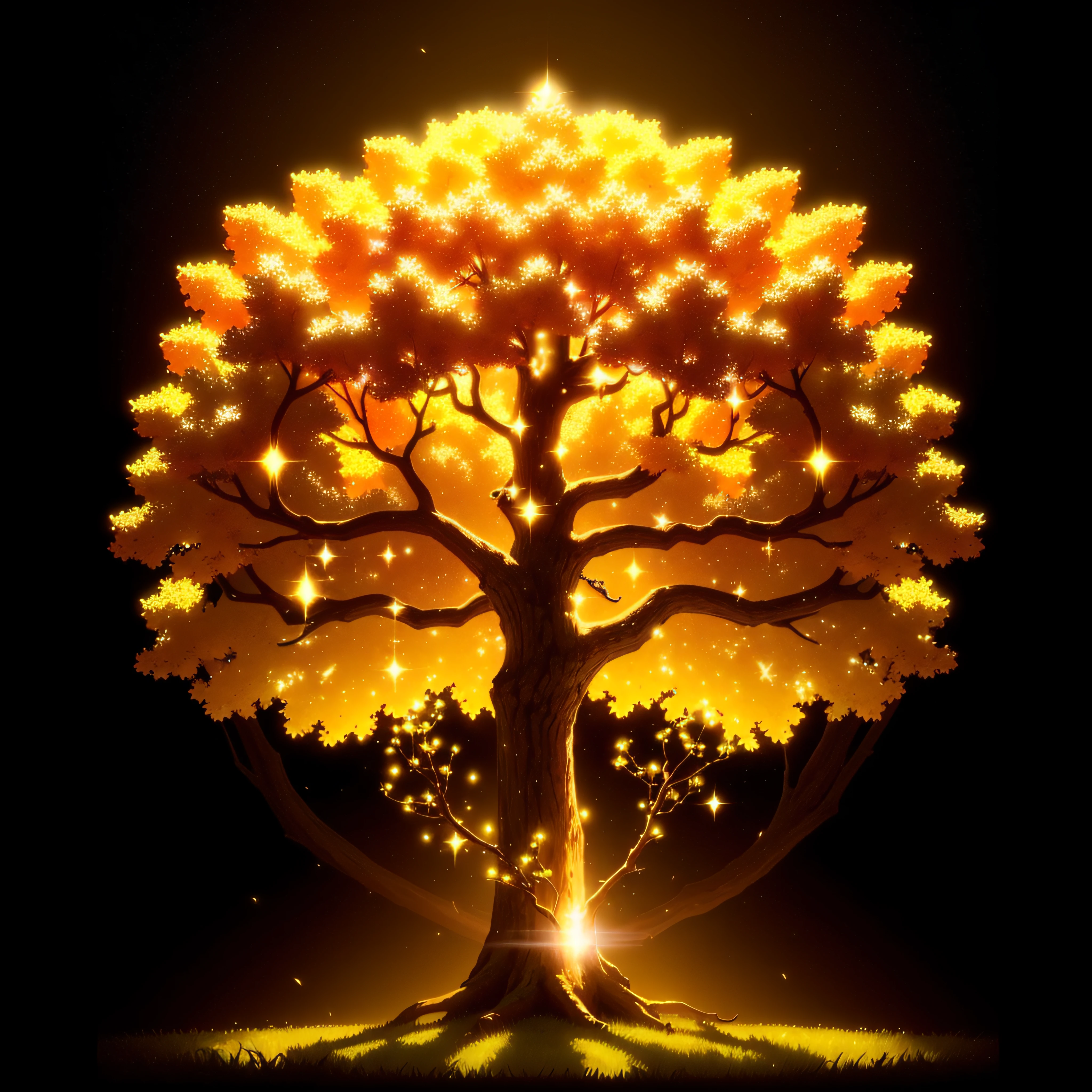A magical wondrous tree that glows with golden light. Afternoon. The golden coins are between the branches. Golden particles in the air. 16k. High resolution