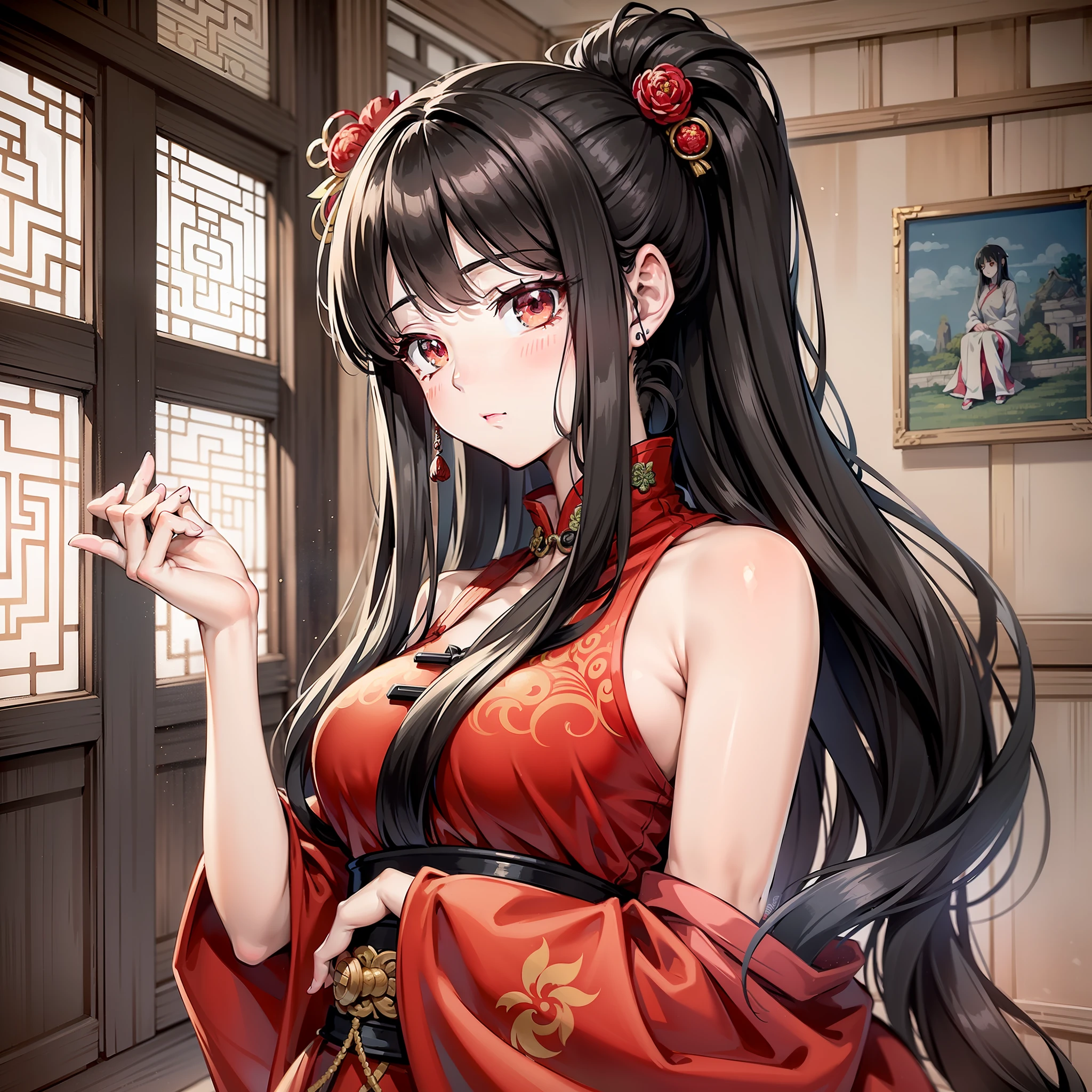 Ancient Chinese long black hair and 30 or so anime woman wearing red Hanfu, (background is ancient Chinese room 1.5) anime style 4 K, girl in red Hanfu, Guvez style artwork, anime style. 8k, Guvitz, beautiful anime girl, beautiful anime face, cute anime girl (serious expression 1.5) (upper body display 1.5)