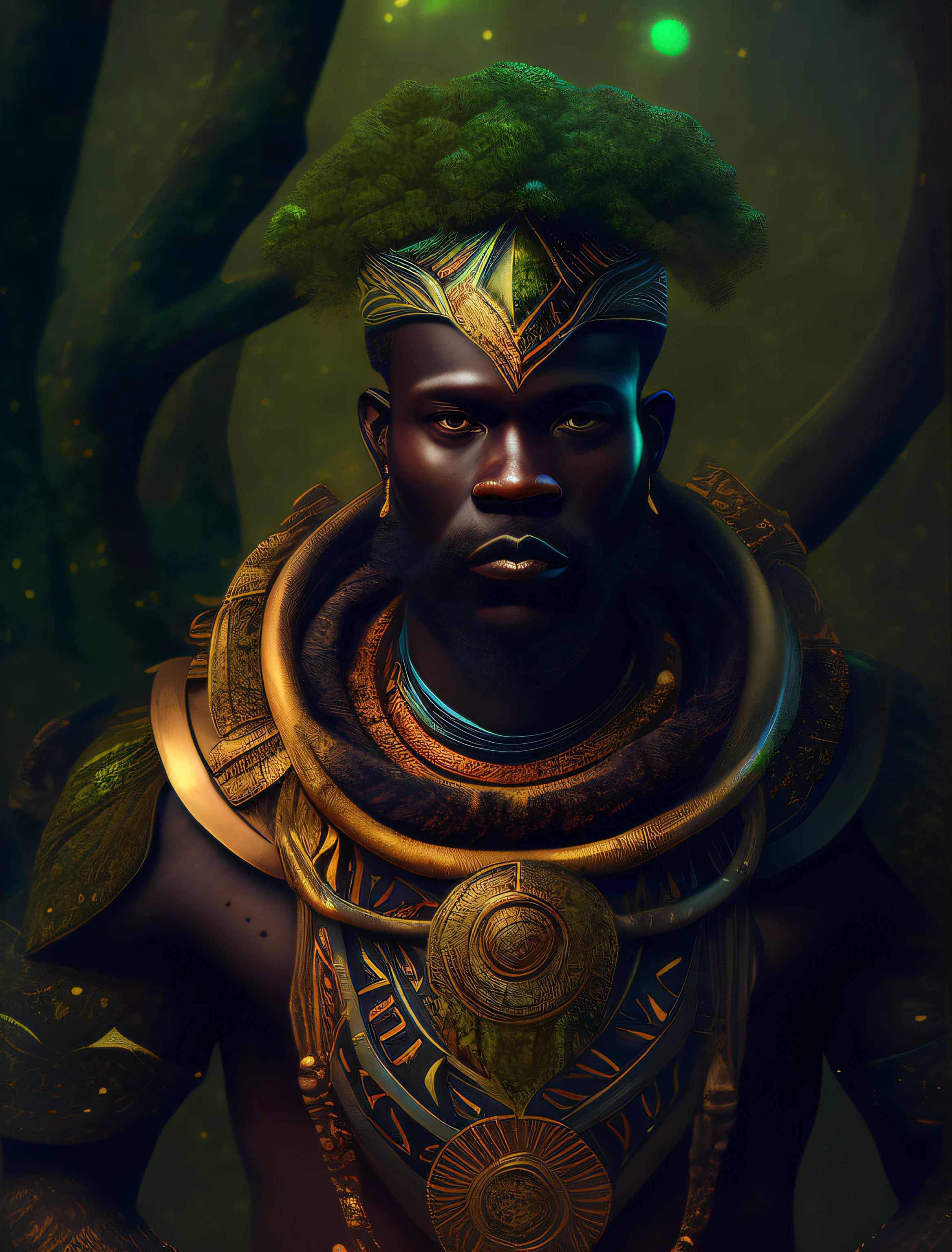 Oxossi the African orisha, strong man hunter, wearing a detailed and intricate ade, uhd, god of forests, friendly look, cosmic god, astrophotography