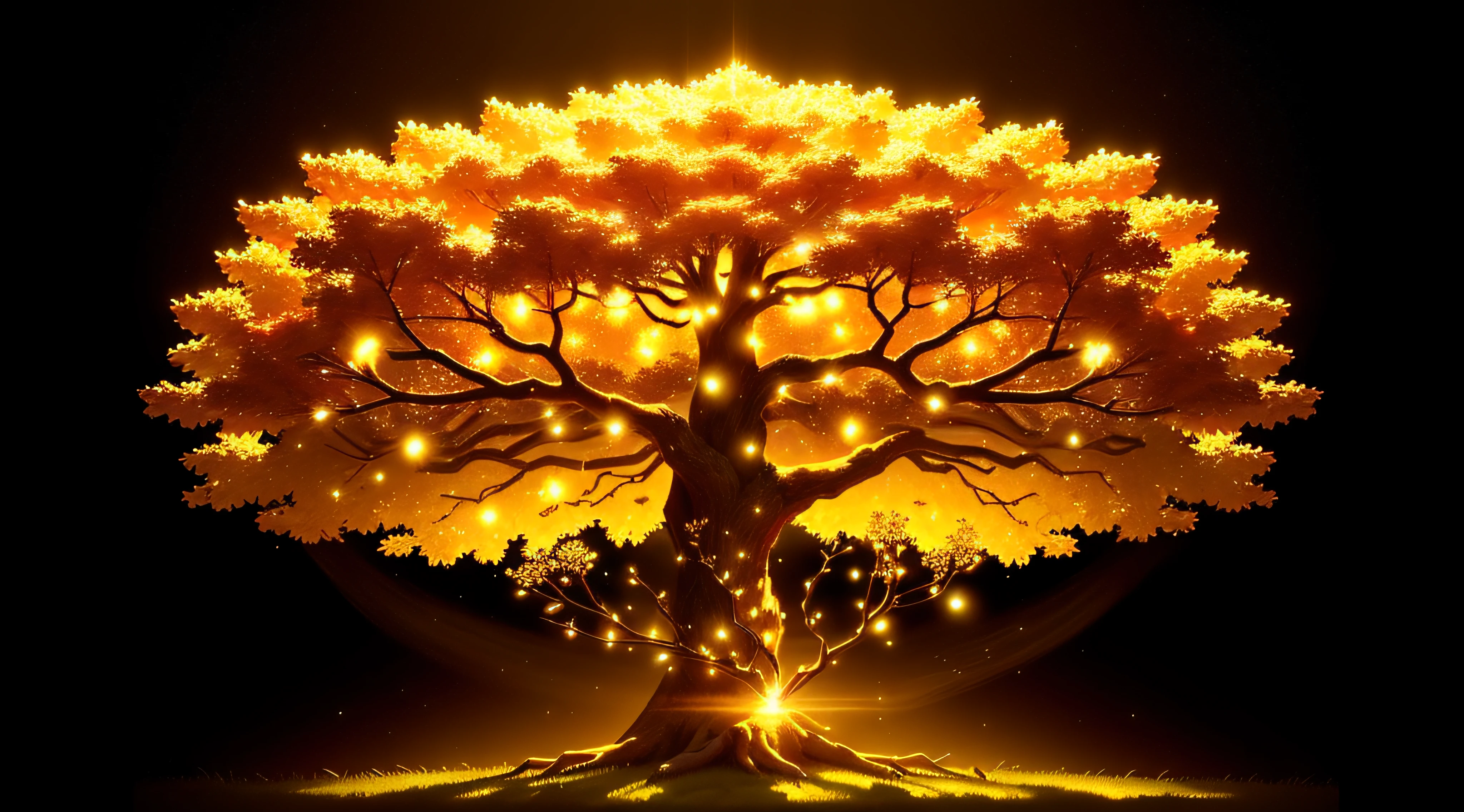 A magical wondrous tree that glows with golden light. Afternoon. The golden coins are between the branches. Golden particles in the air. 16k. High resolution