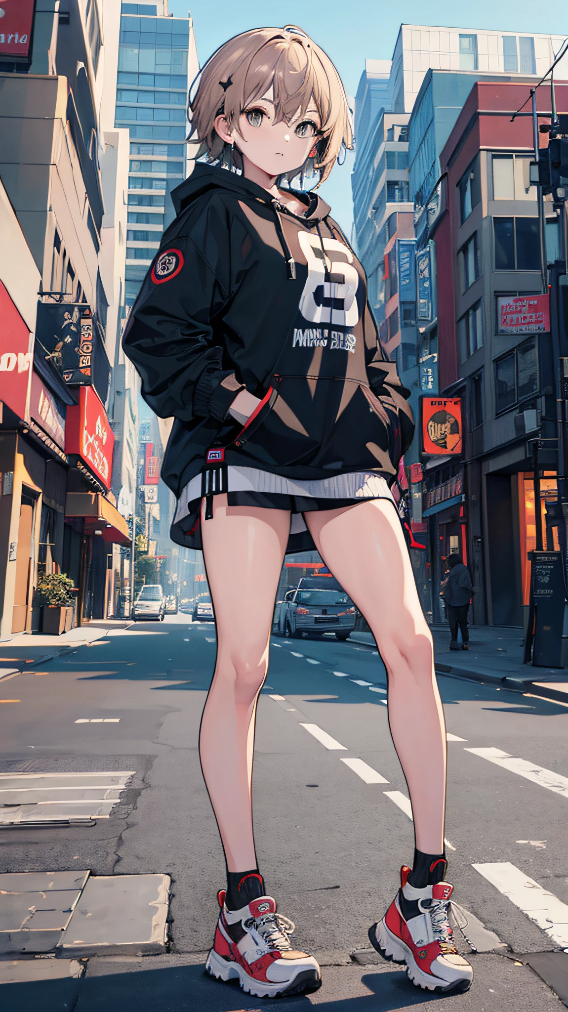 Street Cyberpunk Girl Blonde Hat Running on a Skateboard Speeding