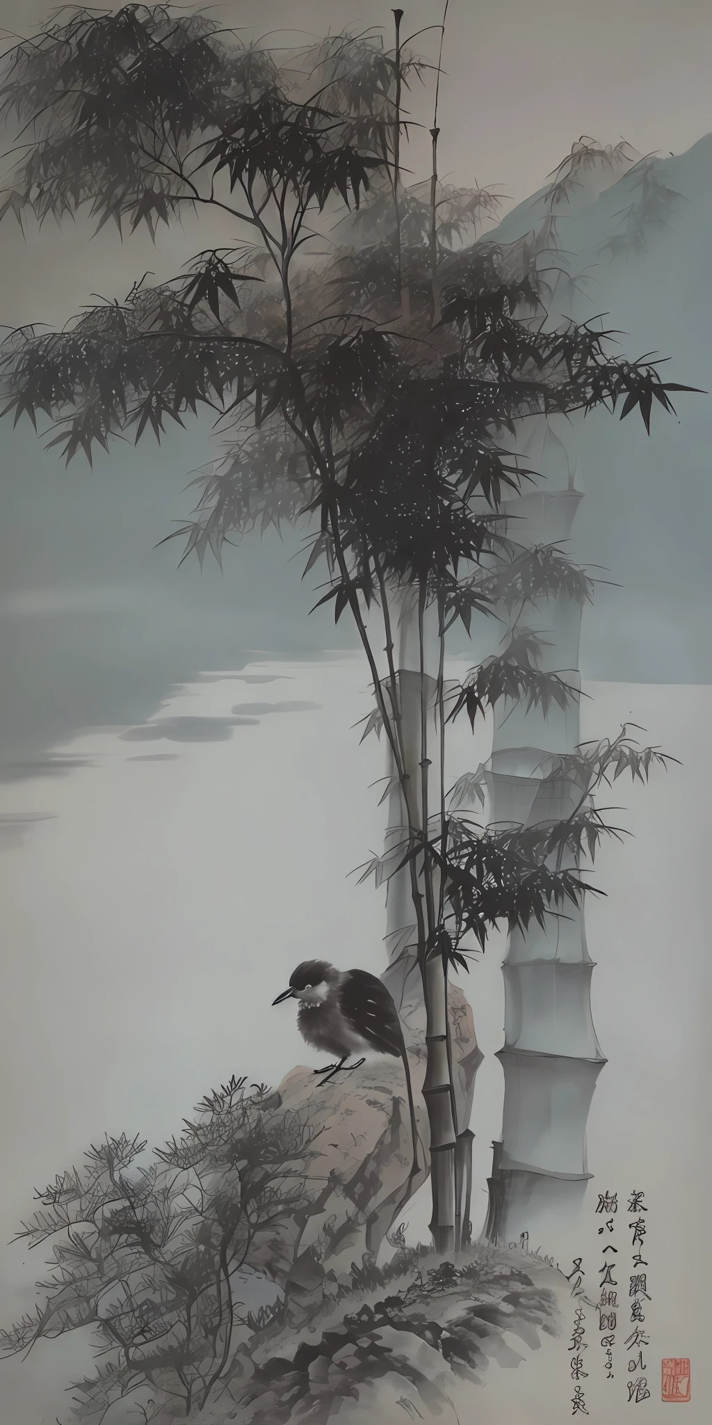 Moxin, (ecchi 0.5), (tree: 0.5), (flower: 0.6), (bird: 0.2), (bamboo 0.1), lake, Hangzhou, ink landscape