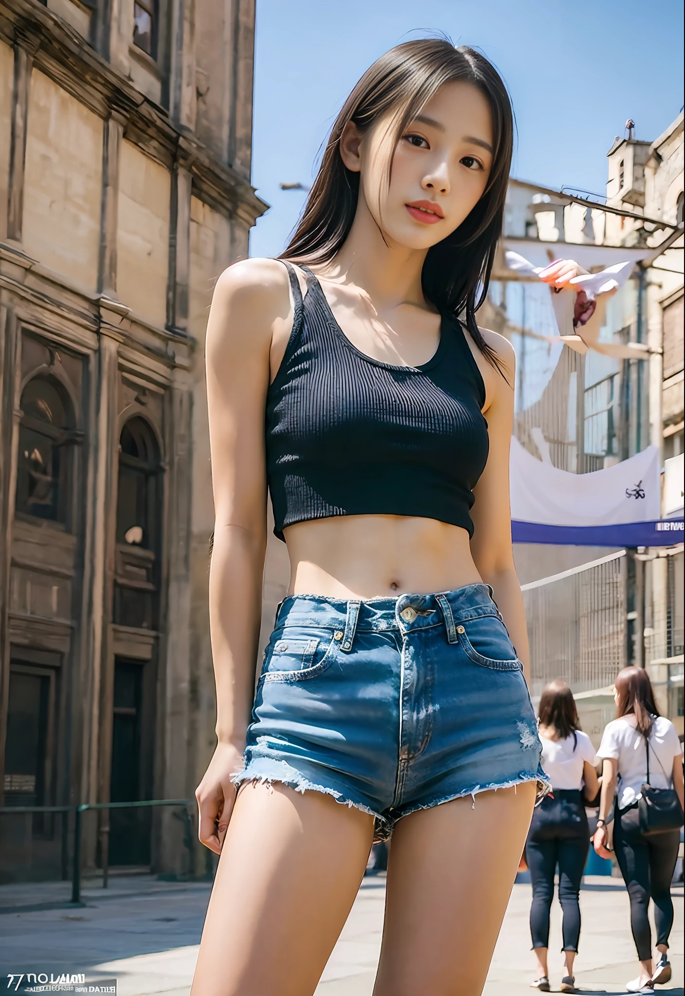 Photorealistic, (Best Quality, 8K, 32K, Masterpiece, UHD: 1.2), Photo of Pretty Chinese model,1 Girl,crowd, (17 years old), looking at viewer, Short tank top, Low-rise denim shorts, tall, Slim, Small bust, Thigh gap,Piazza dei Miracoli on background