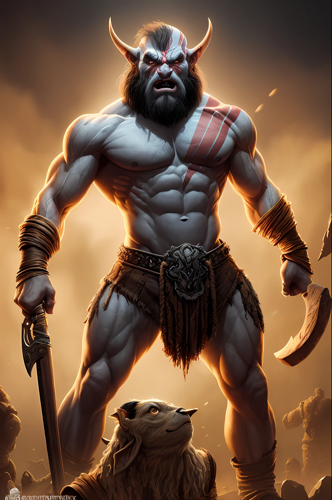 (((torso completo))), ilustração, desenho animado, cores escuras, criatura, tons suaves, épico realista, olhos brilhantes, horror, cinematográfico, corrompido, (papel de parede diablo 4), premiado, luz volumétrica, neblina:0.13, obra-prima, (cintura para cima), (fundo escuro:1.5) Gruumsh, the God of War: Gruumsh is the supreme god of the orcs, associated with strength, courage, and skill in combat. He is worshiped as the leader of the orcish gods, and many tribes perform rituals and offer sacrifices in his honor before embarking on battle.