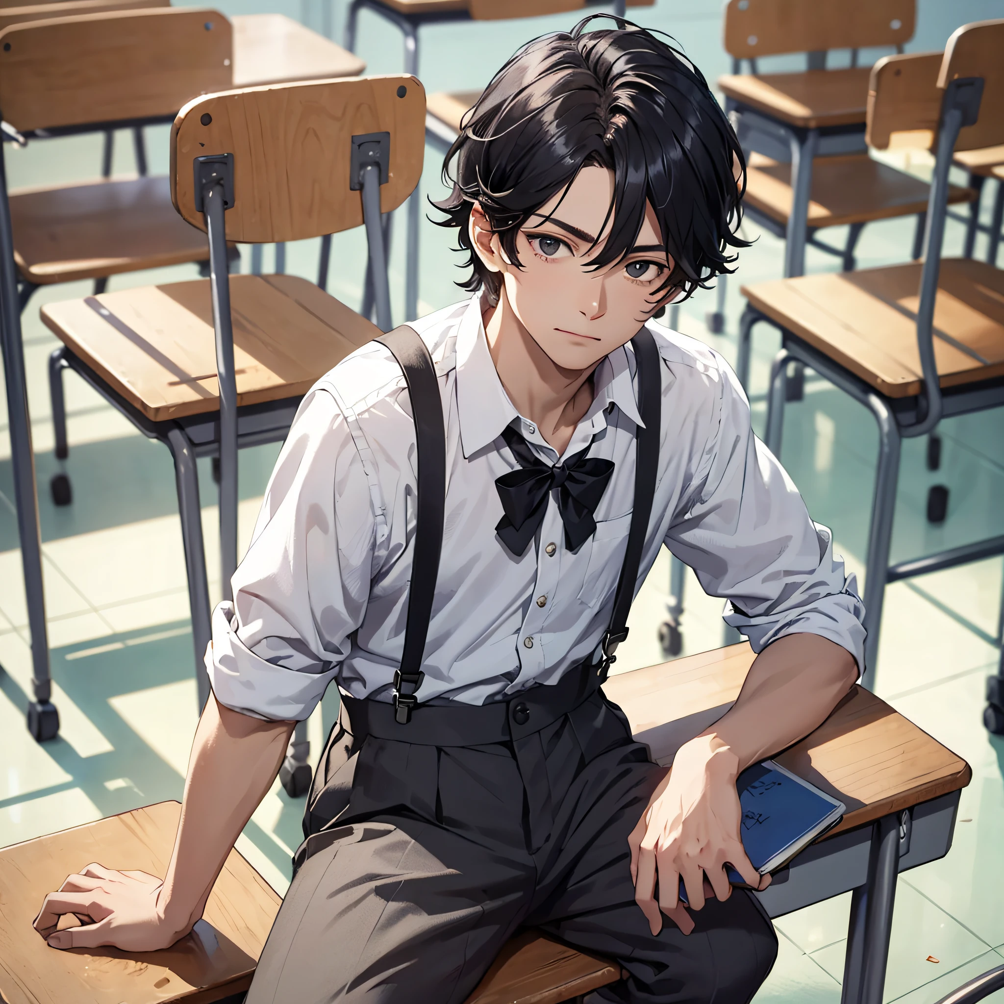 Ridiculous resolution, high resolution, (masterpiece: 1.4), hyperdetail, classroom, young man messy black hair, white suspenders, faint smile, sitting