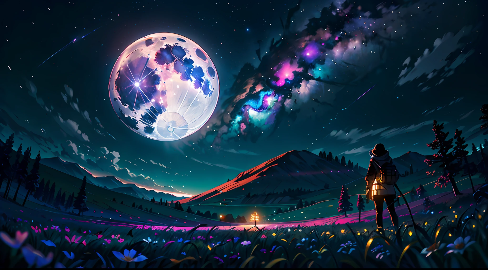 A wide landscape photo, (viewed from below, the sky is above, and the open field is below), a girl standing on a flower field looking up, (full moon: 1.2), (meteor: 0.9), (nebula: 1.3), distant mountains , Trees BREAK Crafting Art, (Warm Light: 1.2), (Firefly: 1.2), Lights, Lots of Purple and Orange, Intricate Details, Volumetric Lighting BREAK (Masterpiece: 1.2), (Best Quality), 4k, Ultra Detailed, (Dynamic Composition: 1.4), Rich in Detail and Color, (Rainbow Color: 1.2), (Glow, Atmospheric Lighting), Dreamy, Magical, (Solo: 1.2)