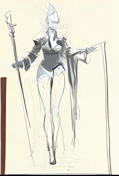 a drawing of a woman in a costume holding a sword, full body concept, line sketch, character design sketch, old sketch, villain pose, sketched, quick sketch, she is holding a long staff, sketchy, character posing for concept art, full body character drawing, rough sketch, complex fantasy character, concept art sketch, fantasy character concept, human :: sorceress