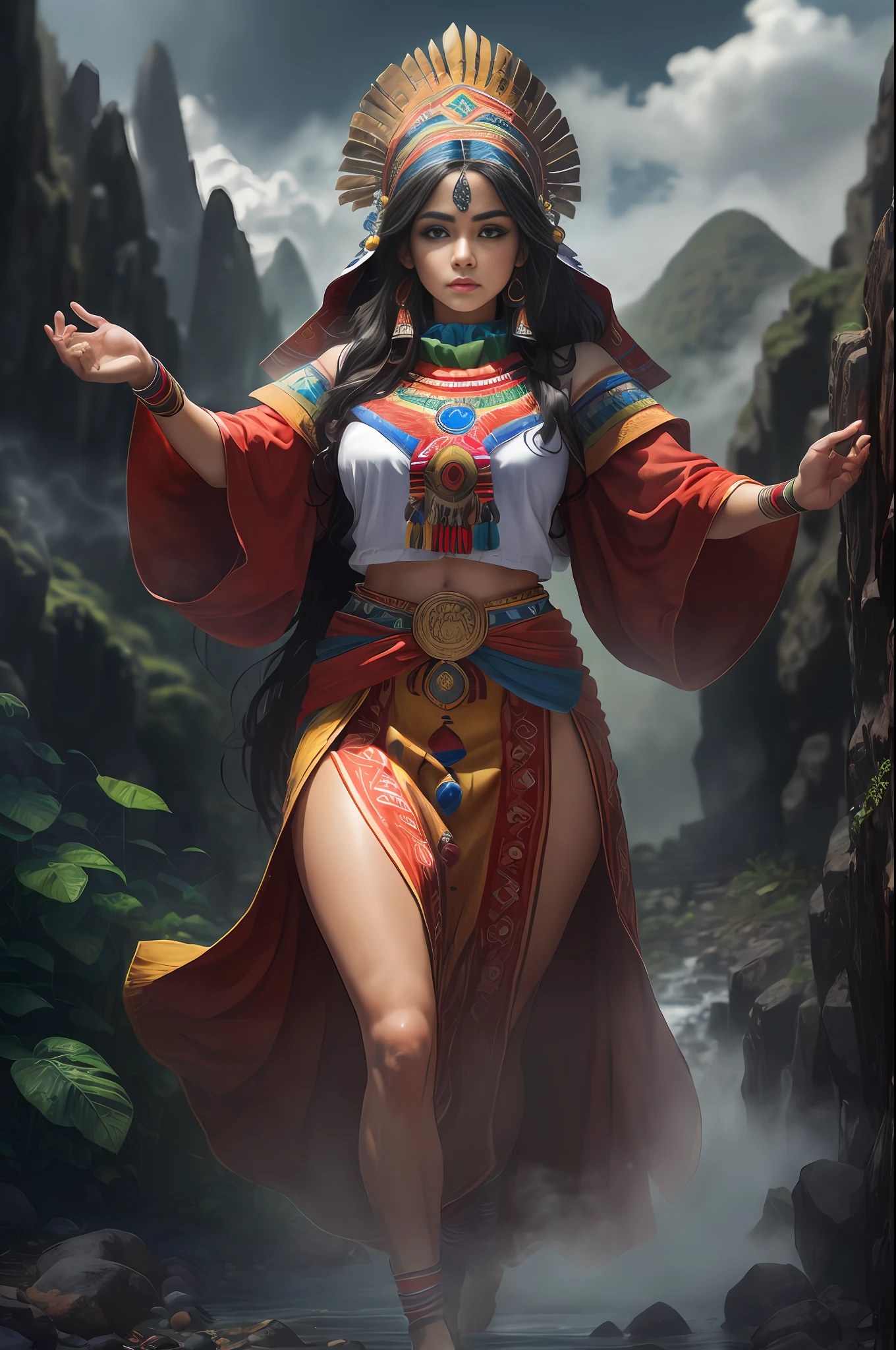 ((realistic: 1.5)),((best quality)), ((masterpiece)),((detailed)), (1girl: 1.3), solo, (((extremely detailed face))),(((extremely detailed eyes and face))), Inca skin, Inca face, beautiful detailed eyes, 8k unified wallpaper, super detailed, beautiful and aesthetic, beautiful, masterpiece, best quality, raw, masterpiece, super fine photo, best quality, super high resolution, photorealistic realism, sunlight,  full body portrait, amazing beauty, dynamic pose, delicate face, vibrant eyes, (from the front), (1 Inca woman in Inca costume long skirt with colors red blue white and pink not green, {a beautiful Inca woman dressed in traditional Inca dress typical costume of the woman of Cuzco Peru, super wide angle lens, facial focus, mature,  sexy, toned muscles, long legs, curves, barefoot, full Inca costume, thick thighs, wide hips, thin legs, dark eyes, perfect eyes, long black hair, floating hair, long eyelashes, (detailed face, beautiful eye, detailed pupils, detailed features of Inca clothing, light background: 1.3), mysterious ancient Inca ruin, lush forests, deep canyons, bridge, river, cliff, cloud, lakes,  rock, waterfalls, flowers, grass, fog, vine, tree, smoke, best shade, bright details, sharp, perfect composition, intricate, sharp focus, dramatic, (specular lighting: 1.3), edge light, inca landscape, fully dressed,