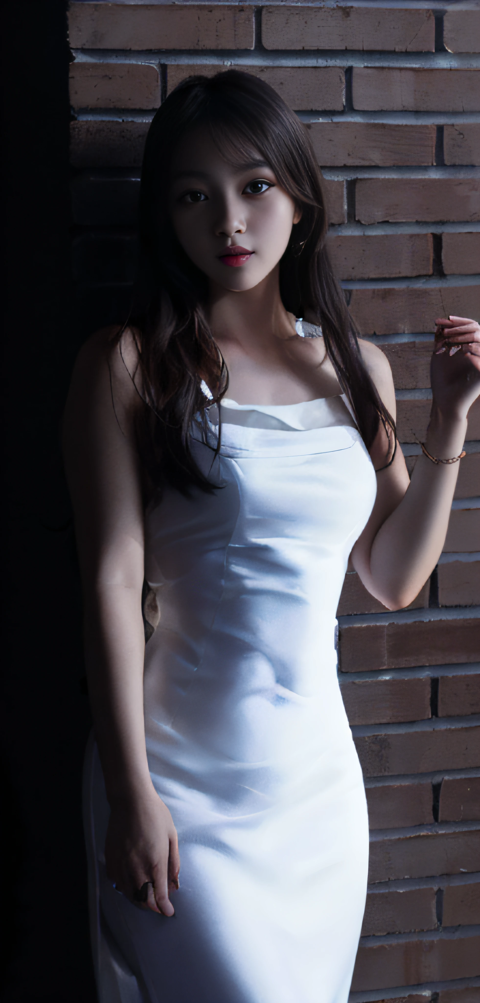 Korean sexy woman in white dress standing in front of a painting, girl in white dress, dancing in white dress, white dress, white silk, in art gallery], wearing white flowing dress, wearing cute white dress, Nico in white dress, soft silk dress, wearing white long dress, in the gallery, big eyes, watery big eyes