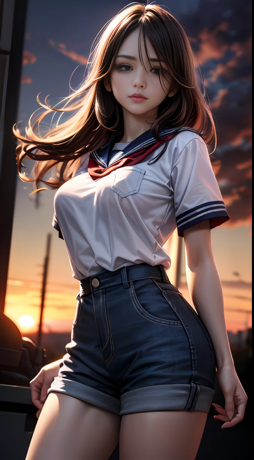 Realistic super detail, 8K, realistic, HD wallpaper, middle school student, girl, ((1girl)), (delicate face detail), ((full body: 1.2))), parted lips, flowing red hair, detailed hair strands, ((((correct eyes)))), detailed eyes, glowing eyes, standing, ((((looking at the audience)))), white t-shirt, shorts, ((((jk uniform)))),((Uniform Dressing)),(((Sunset Background))),(((Evening Breeze))),Beautiful,Splendor,Epic,Intricate Details,Cinematic Light Effects,Edge Light,Glow,Natural Shadow,Depth of Field,