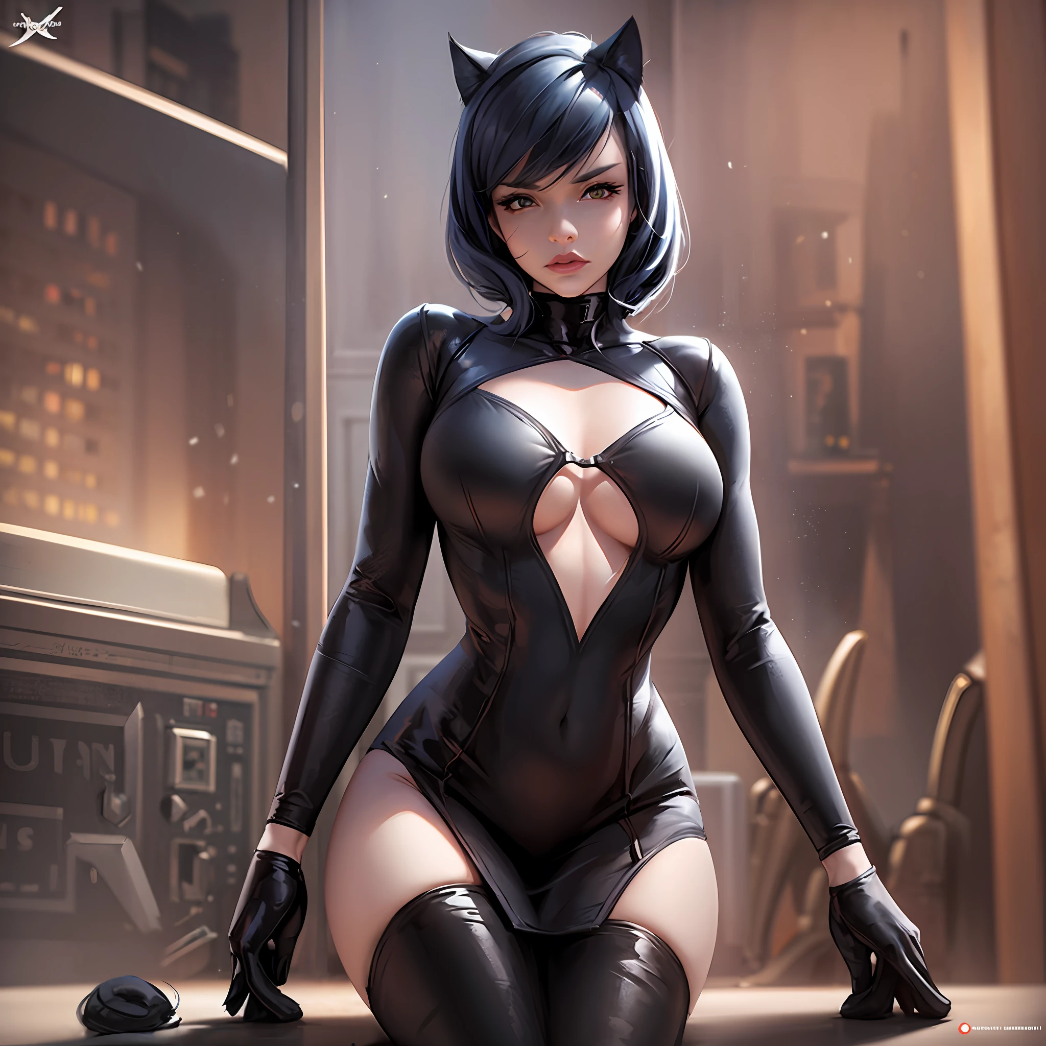 gldot,catwoman, Batman cosplay, stunning pose, highly detailed, artstation, smooth, sharp focus, 8K,underboob, tight dress, jaw dropping beauty, tight catwoman suid, jaw dropping beauty, solo shot.