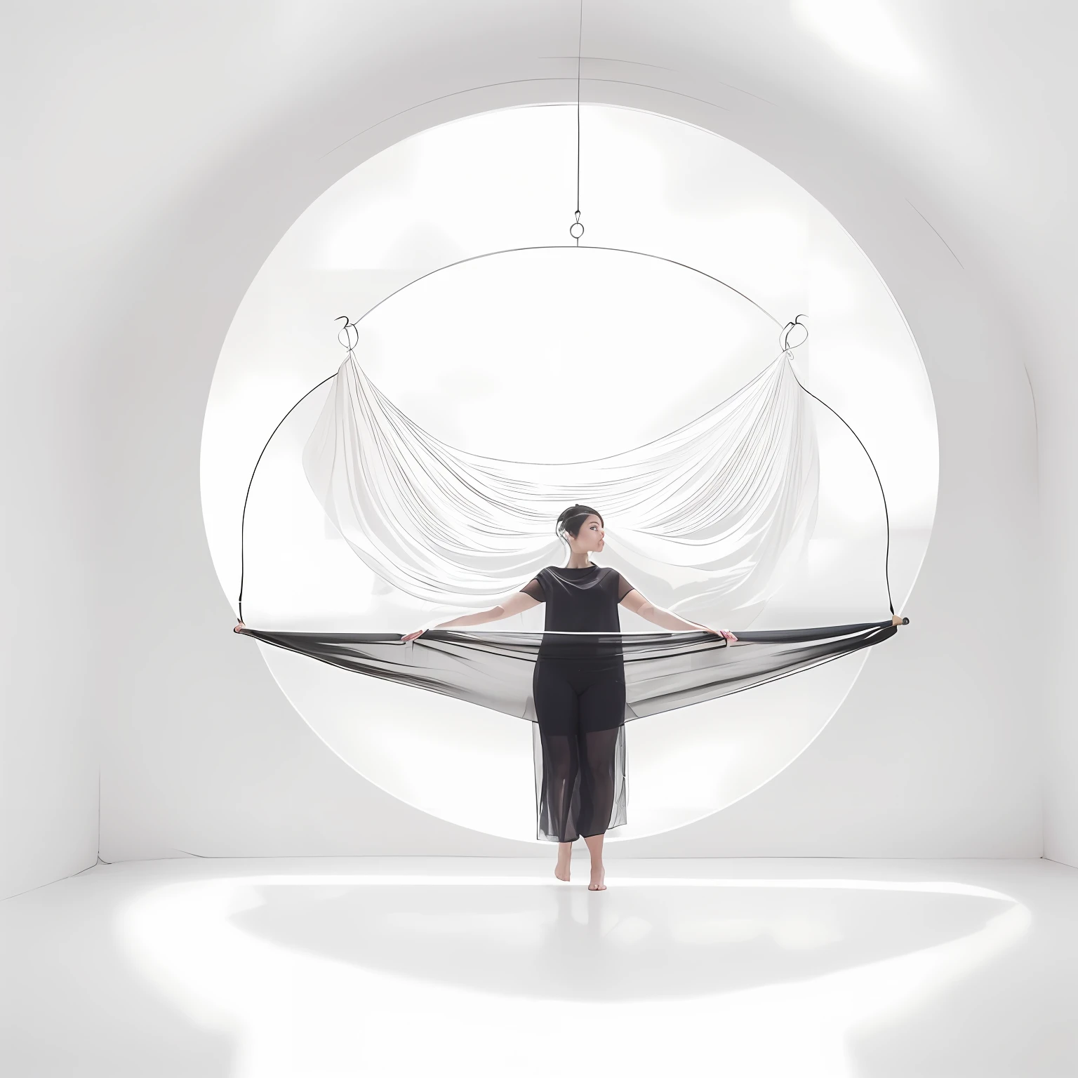 In photographic art, contemporary work of art by photography, woman in black dress standing in white room with circular white glowing window, still with screen and silk, editorial photo, advertising photo, ethereal sheer translucent fabric, in front of white background, Japan woman with black hair, young Japan woman, balancing with one leg raised, anatomically accurate proportions, slender woman, small breasts, Beautiful proportions, black hammock stretched as an arc passed to the window in the distance, makes parted strings like a stringed instrument, the strings are tense, her hands are touching the strings, with photorealistic photos, detailed rendering to the smallest detail, top quality, masterpiece