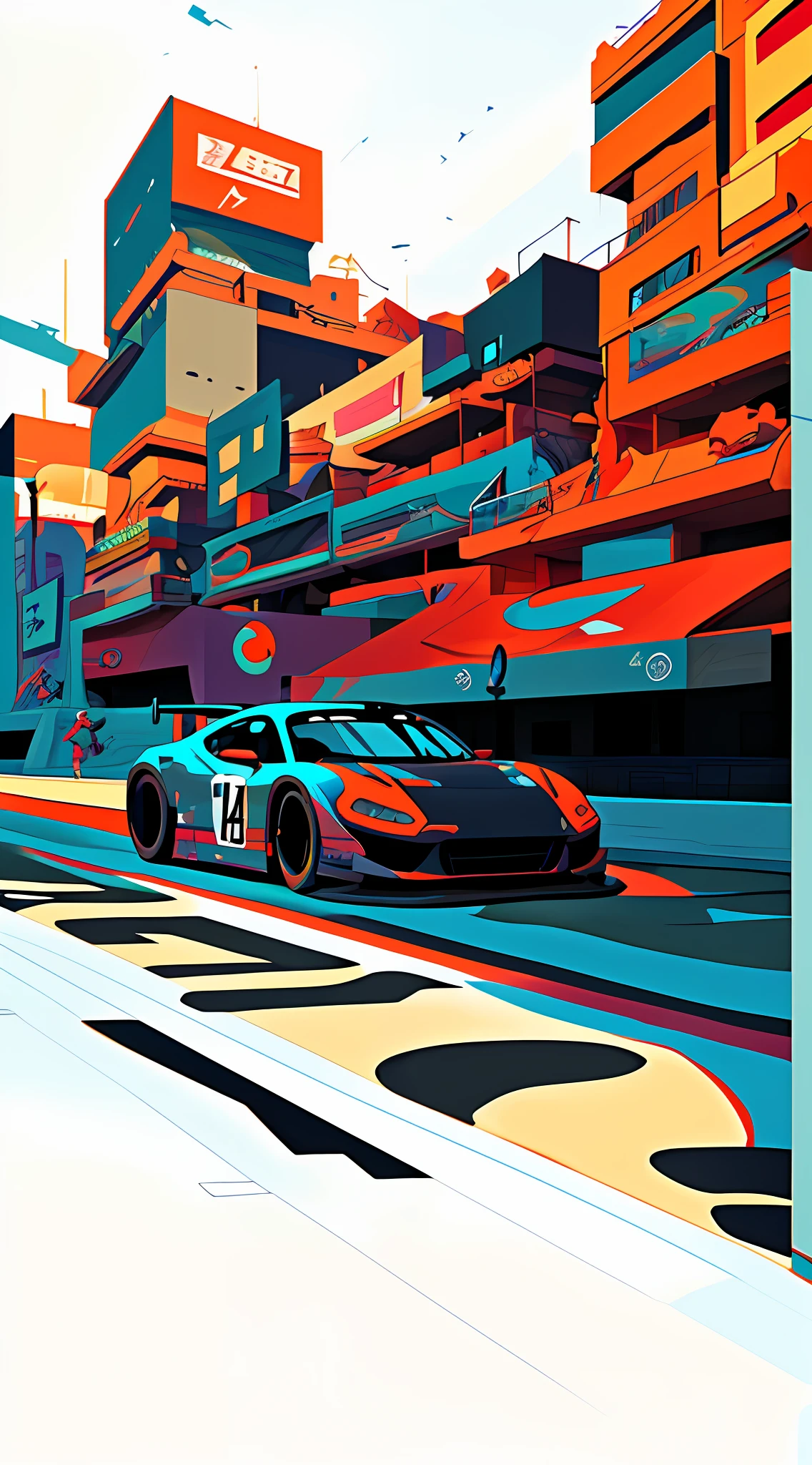 Best quality, masterpiece, josan gonzalez style, city background, street traffic jam, racing full shot, race scene, multi-racing, rich colors