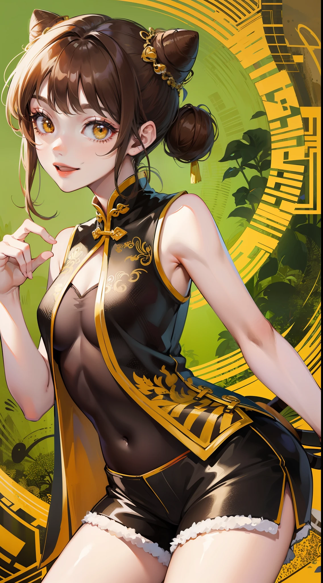 Young girl, brown hair in two buns, yellow eyes, Chinese sleeveless dress, shorts, tiger tail, smile, open chest, masterpiece, high quality
