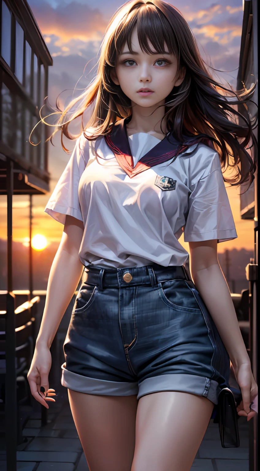 Realistic super detail,8K, realistic, HD wallpaper,中学生,女生,((1girl)),(delicate facial detail) , ((full body: 1.2)) , parted lips, flowing red hair, detailed hair, (((correct eyes))) , detailed eyes, glowing eyes, standing, ((((looking at audience))) , white t-shirt, shorts, ((((JK uniform))) , ((uniform)) , ((sunset background)-RRB-LRB- , ((evening wind)) , ((night wind)) , beautiful, brilliant, epic, intricate details, movie liEdgenLightge light, glow, natural shadows, depth of field,