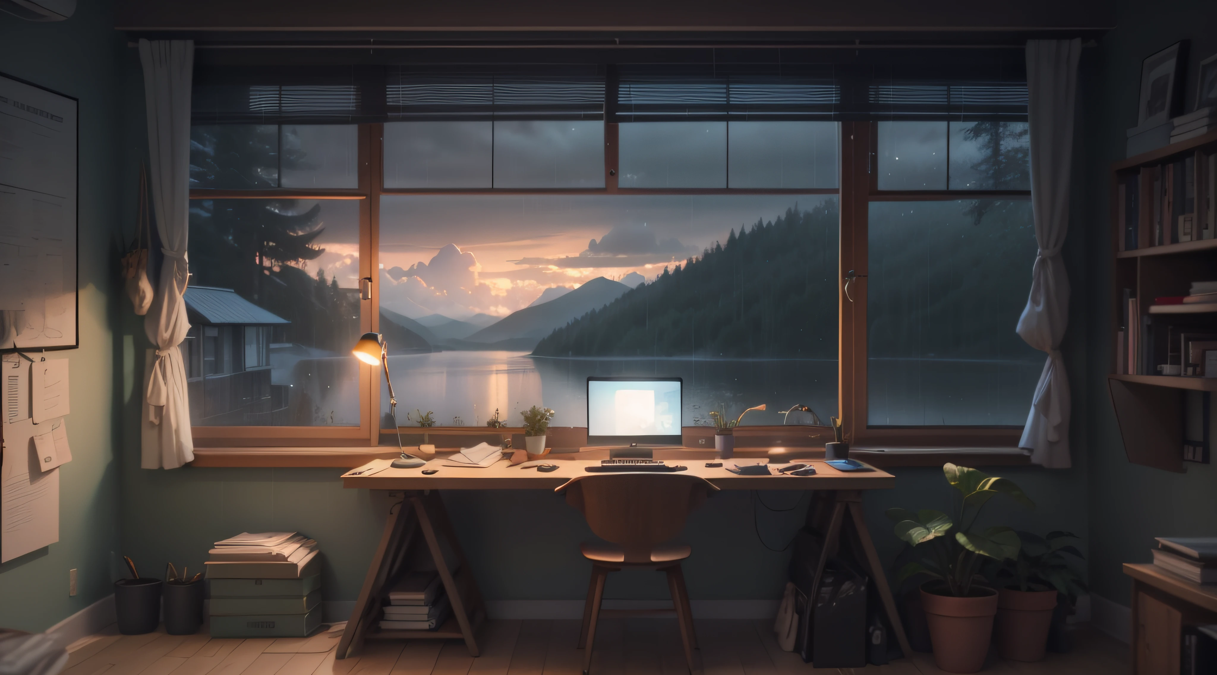 brown girl listening music in home office table, room cozy nordic theme, rainy day cloudy sky --auto