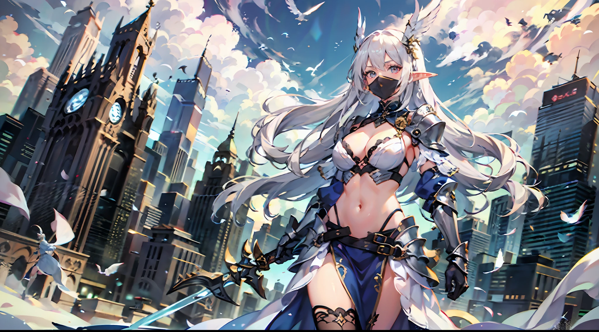 ((4k, masterpiece, best quality)), maxiskit, dressed conservative 1 girl, solo, full body, wide shooting, standing, holding a sword, white hair, long hair, elf ears, Valkyrie, armor, angel, white bra, side bangs, from the front, oversized body, night, mountain, look at the audience, an antique girl behind is a white dragon