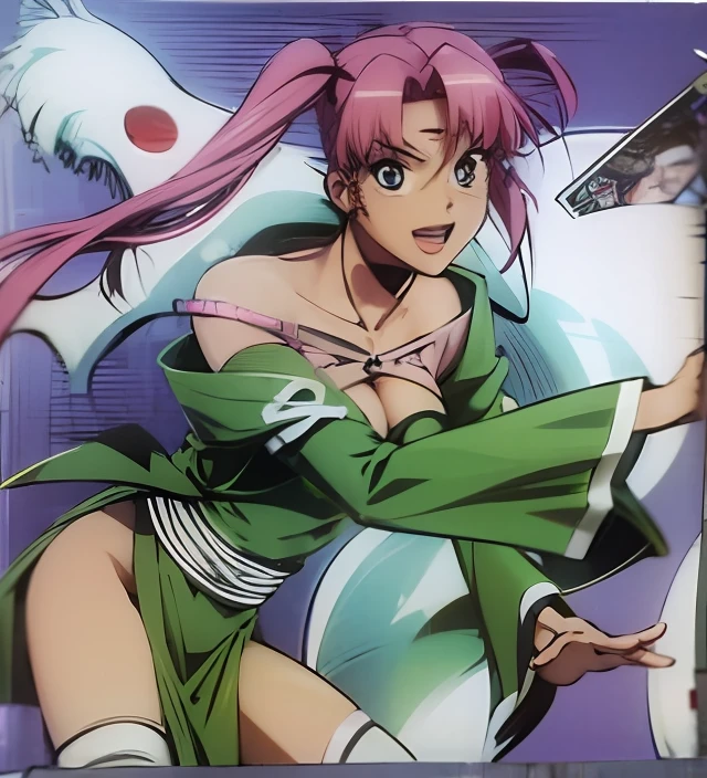 a closeup of a letter with a woman in a green dress, haruno sakura, the front of a trading card, kunoichi, inspired by Tsubasa Nakai, misato katsuragi, sakura haruno in slug sage mode, exchange card, inspired by Kusumi Morikage, jin kagetsu, juri misaki, excellent image quality, 4k