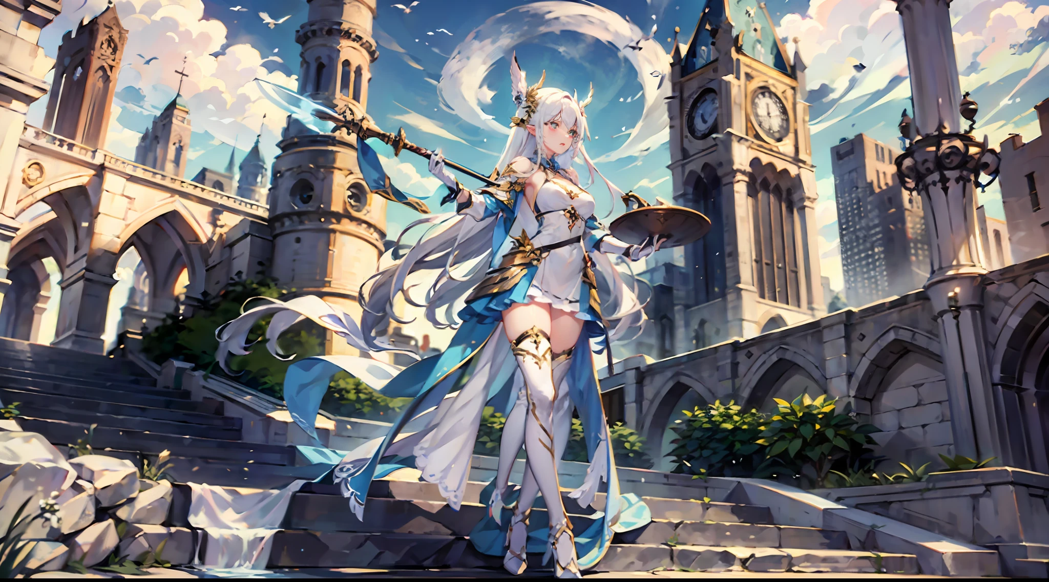 ((4k, masterpiece, best quality)), maxiskit, dressed conservative 1 girl, solo, full body, wide shooting, standing, holding a sword, white hair, long hair, elf ears, Valkyrie, armor, angel, white bra, side bangs, from the front, oversized body, night, mountain, look at the audience, an antique girl behind is a white dragon
