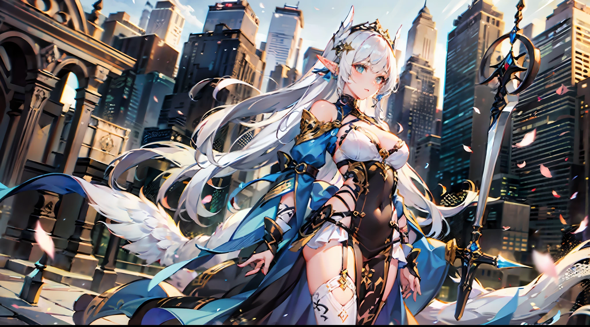 ((4k, masterpiece, best quality)), maxiskit, dressed conservative 1 girl, solo, full body, wide shooting, standing, holding a sword, white hair, long hair, elf ears, Valkyrie, armor, angel, white bra, side bangs, from the front, oversized body, night, mountain, look at the audience, an antique girl behind is a white dragon