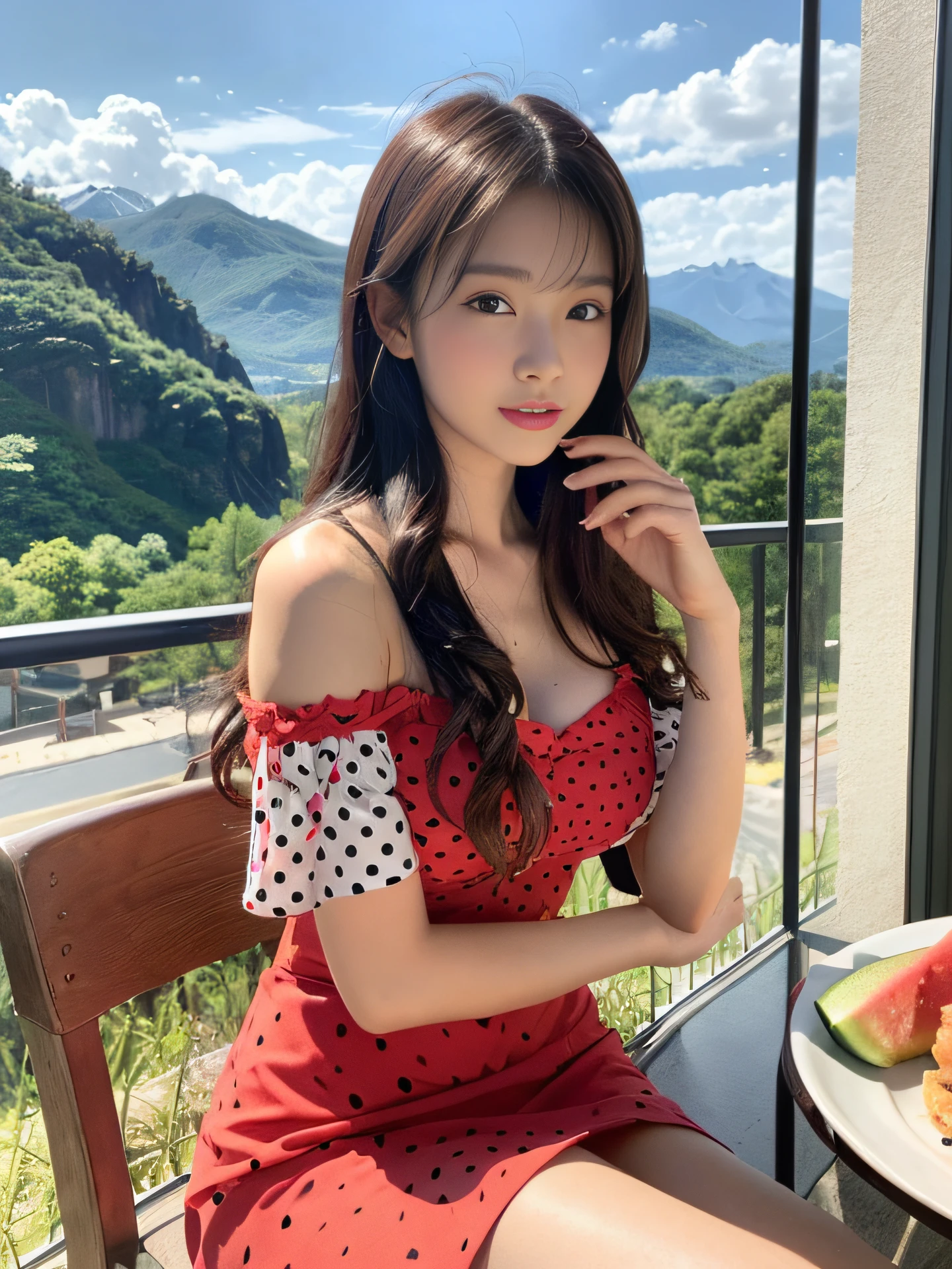 Photorealistic, (highest quality, 8K, 32K, masterpiece, UHD: 1.2), cute Japan idol pictures. 1girl, Solo, (), very cute, beautiful detailed face, beautiful clear eyes, delicate figure, tall, slim, fruit, watermelon, black hair, dress, holding, sitting on a chair on the balcony, long hair, with a plate with watermelon, polka dots, fruit, polka dot dress, mountains on background