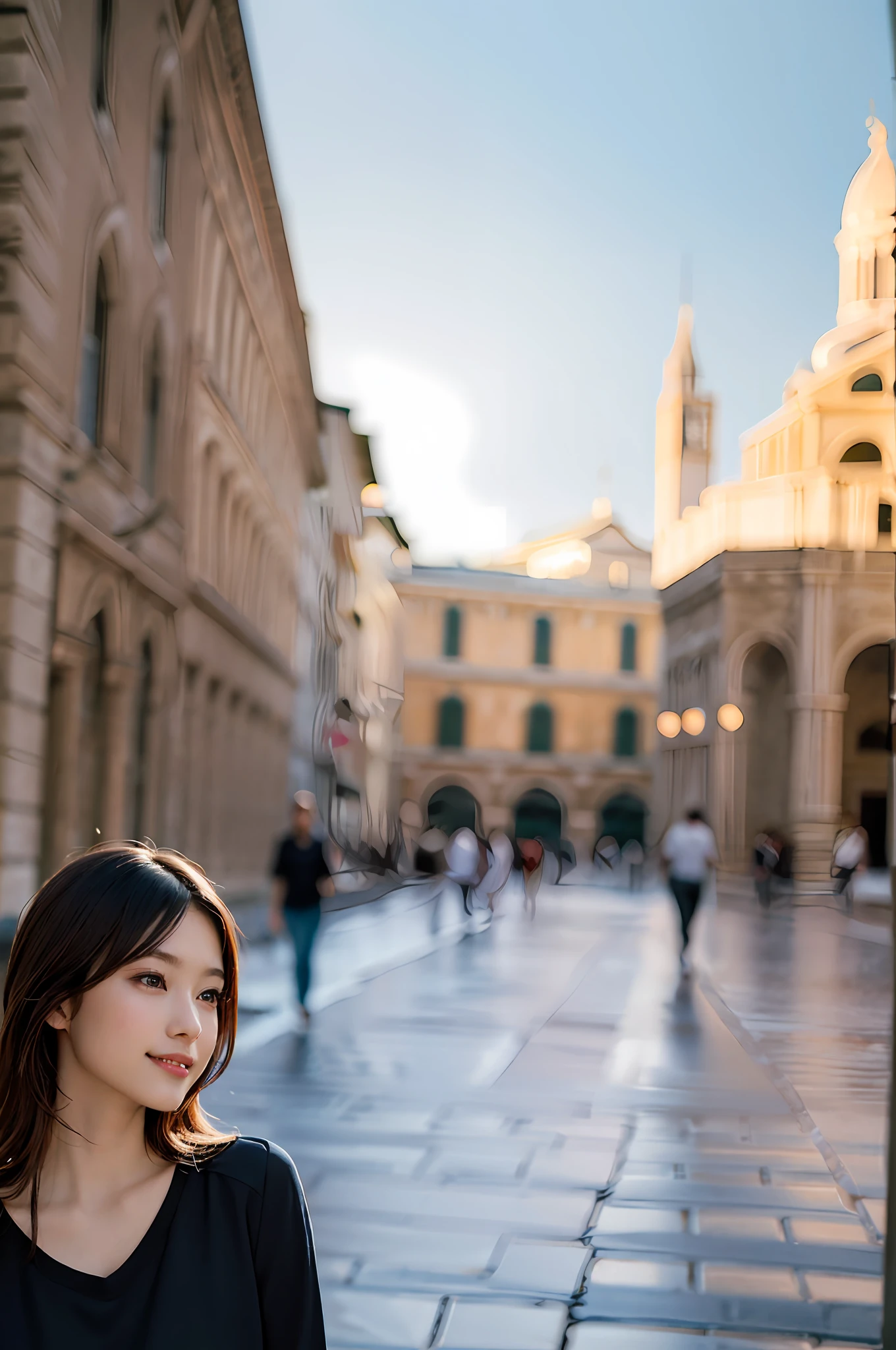 (8k, RAW photo, best quality, masterpiece:1.2),Piazza dei Miracoli background,(realistic, photo-realistic:1.37), ultra-detailed, ultra high res,1 girl,looking at viewer,beautiful detailed face,smile,narrow,(slim waist:1.3),shirt, beautiful detailed skin, skin texture, floating hair,professional lighting,