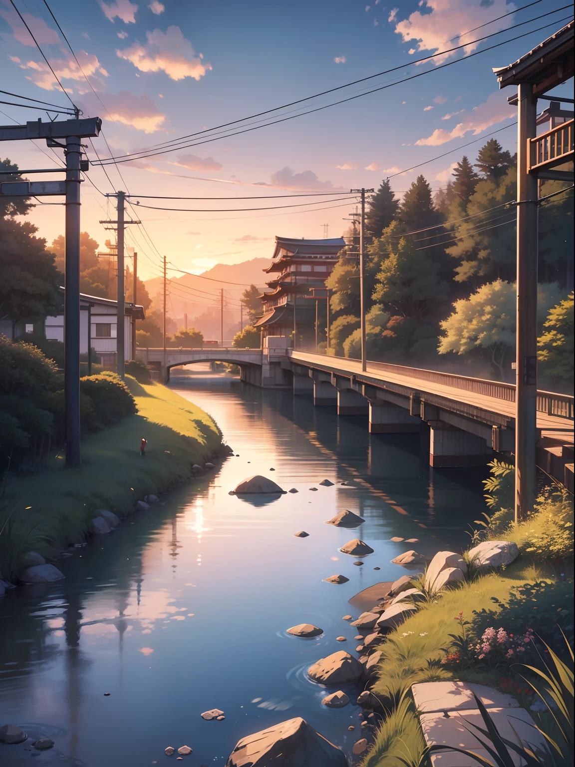 Studio Ghibli, illustration, riverbed, evening, Japan, there is a train bridge, there are no people, landscape