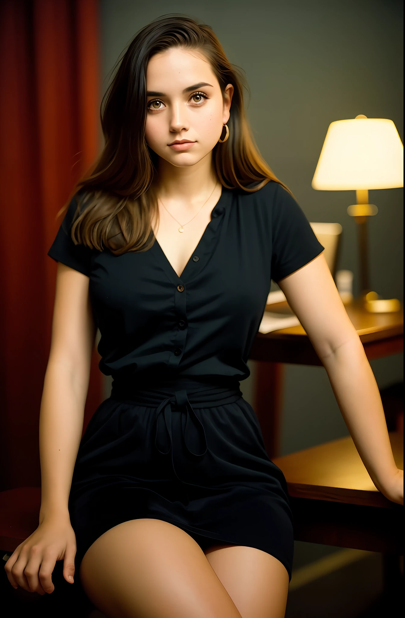 (full body, editorial photograph of an 18-year-old woman, open leg, thick thigh, ankly waist, huge breasts), (highly detailed face:1.4) (smile:0.7) (background inside dark, grumpy, private study:1.3) POV, by lee jeffries, nikon d850, film bank photography,4 kodak portra 400, camera f1.6 lens, rich colors, hyper realistic, realistic texture, dramatic lighting,  cinestill 800,