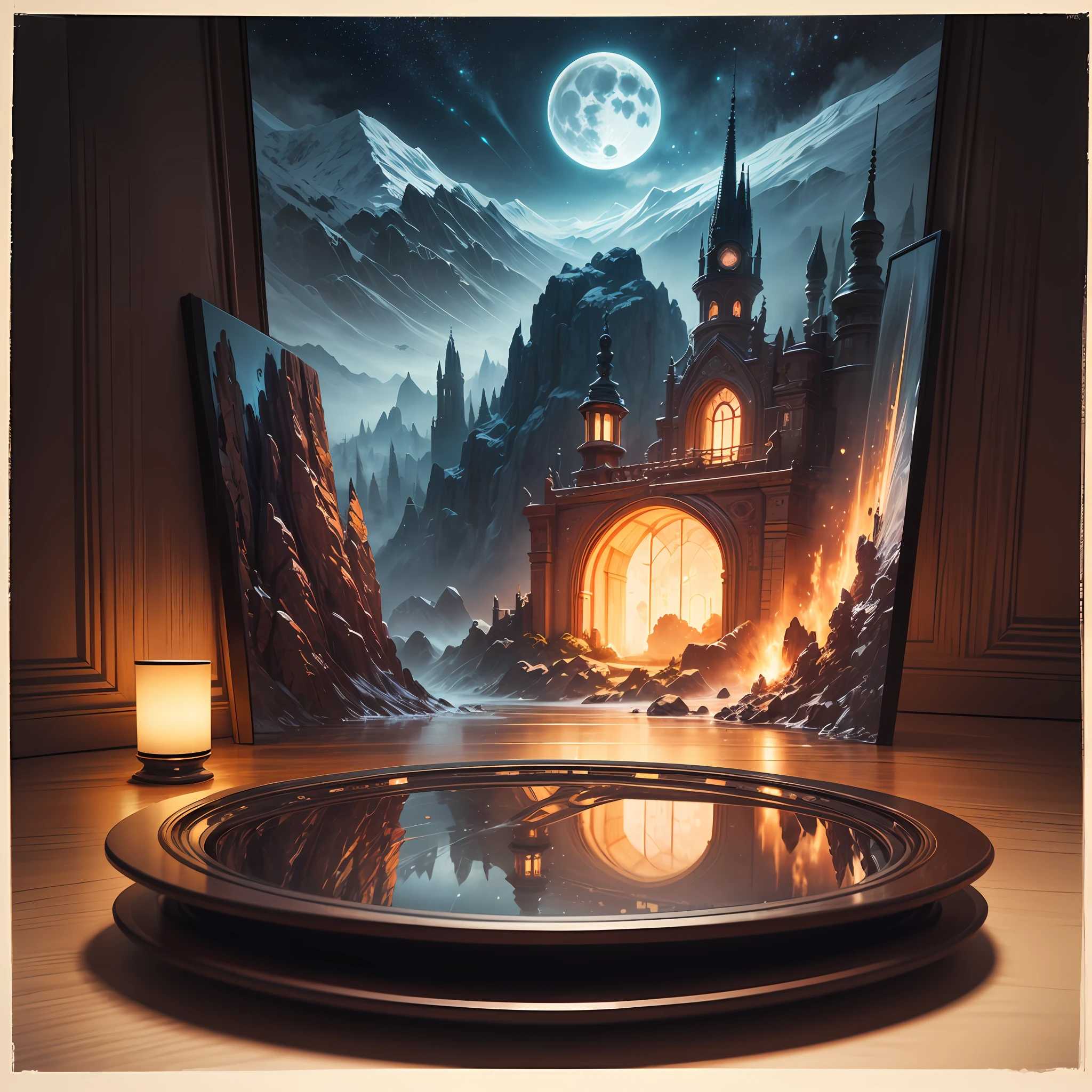 Computer Visualized Graphics, Realistic Fantasy, Extensive Landscape Ultrasound Photography (general view showing a peach, peach+glass), full moon, night sky, blurred background, warm, yellow, purple background, pink, warm, magic, "Hyper-realistic textures," "Precise details," "Realistic still life," "Realistic portraits," "Realistic landscapes." Watercolor drawing, "Majestic mountains,", "Hyper-realistic textures," Banksy, Liu Bolin, Ansel Adams, Yoshitaka Amano realistic fantasy, Extensive landscape ultra photography (general view showing a glass glass,)blurred background, cool, a shade of turquoise, a bit of purple, airy color, magic, "Hyper-realistic textures," "Precise details," "Realistic still life," "Realistic portraits," "Realistic landscapes."" Lit cityscapes,” “Starry skies,” “Moonlit landscapes,” “Night time portraits,” “Long exposures.” 16:9 --ar --auto
