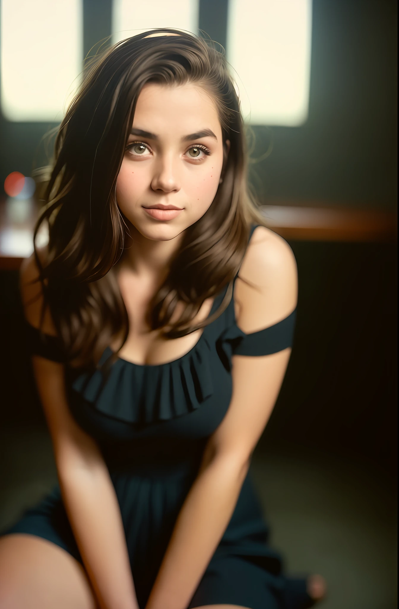 (full body, editorial photograph of an 18-year-old woman kneeling, thick thigh, huge breasts, thumb sucking), (highly detailed face:1.4) (smile:0.7) (background inside dark, grumpy, private study:1.3) POV, by lee jeffries, nikon d850, film bank photography,4 kodak portra 400, camera f1.6 lens, rich colors, hyper realistic, realistic texture, dramatic lighting,  cinestill 800,