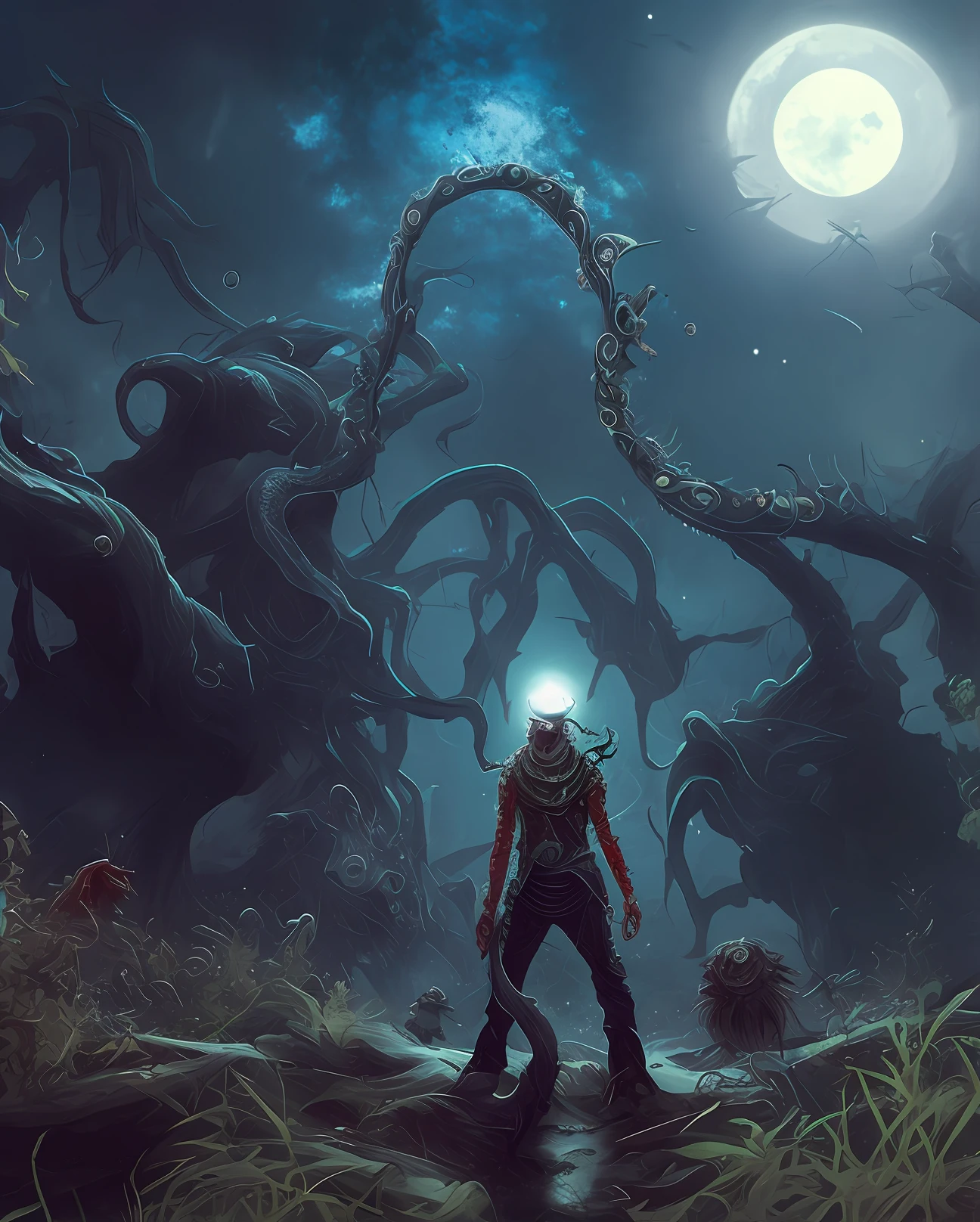 a man surrounded by nightmares, cosmic horror, tentacles, dark mood, dark ambient, night, horror, blood, terrific, fear, panic, despair