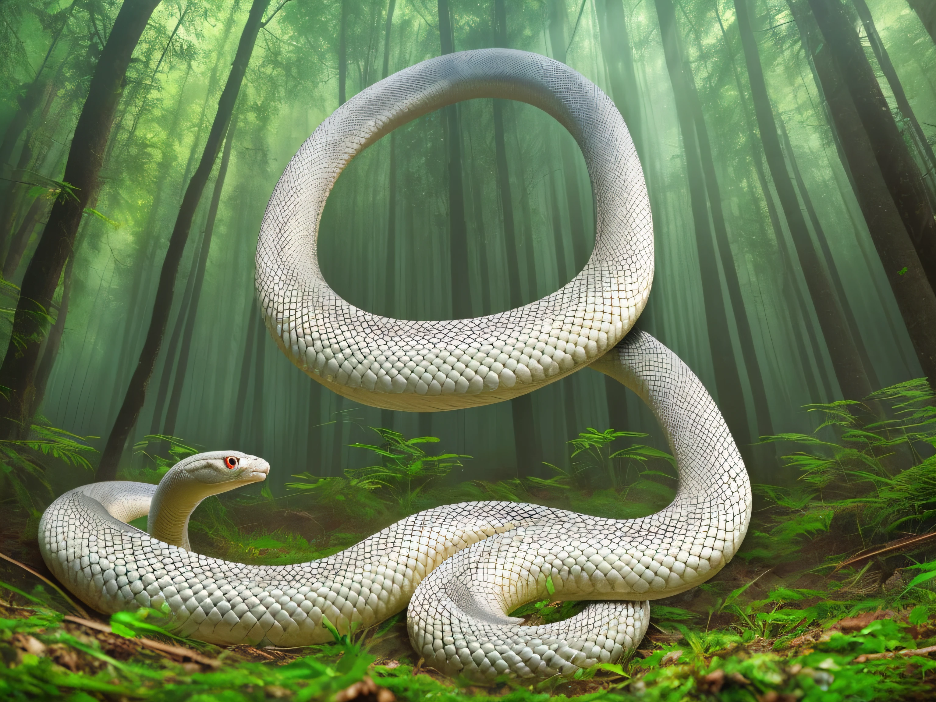 (beautiful and magnificent forest, majestic sky), (very tense dramatic pictures, moving visual effects), (colorful natural light), (masterpiece), (highest quality), anime white snake, white snake facing the front, white snake coiling tuna with a big mouth, figure of a giant white snake, mysterious white snake, white snake carrying good luck, in the forest, high resolution 4K, forest illustration, foggy forest --auto --s2