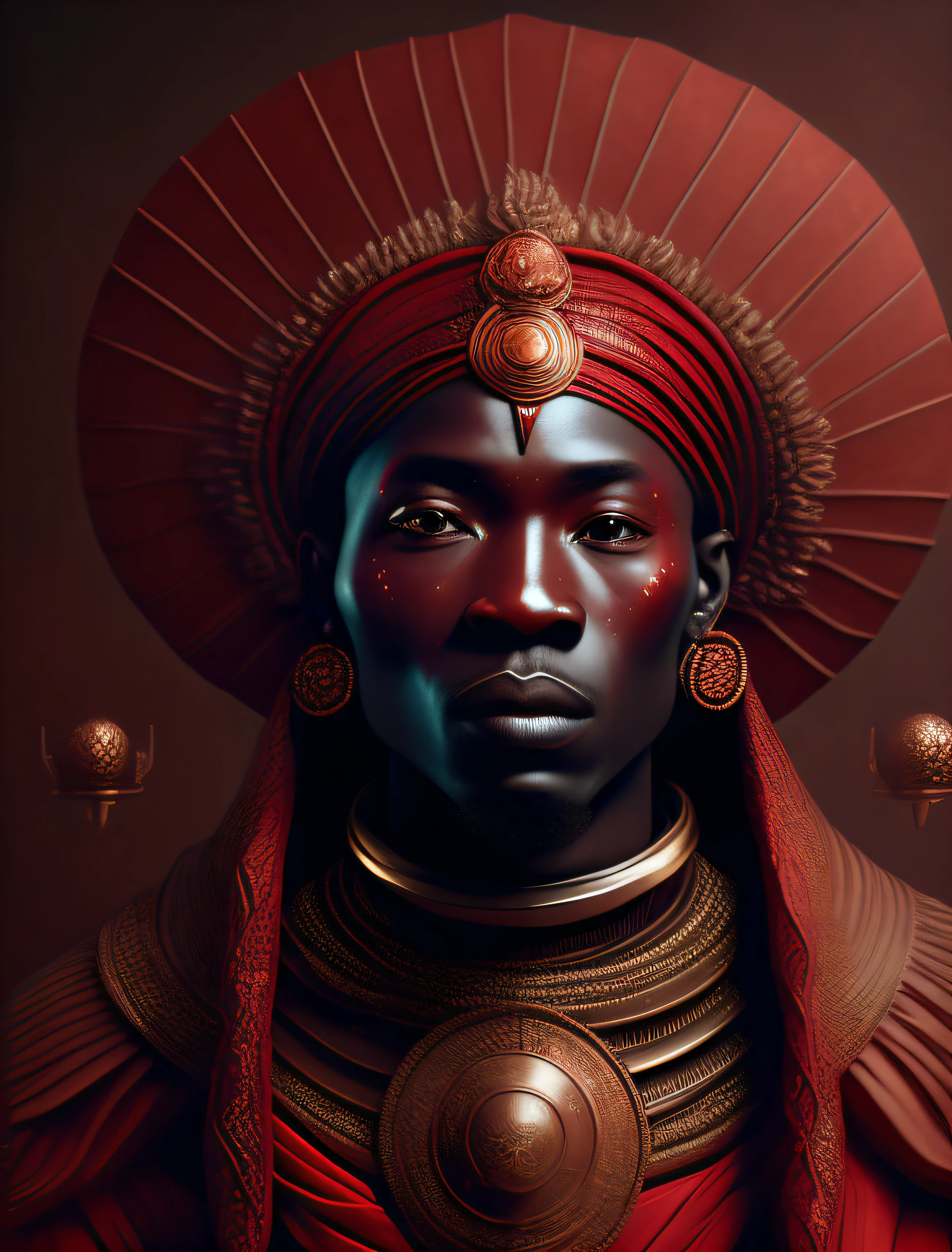 Xangô the African orisha, justice, Yoruba, justice, god of justice, red clothes, brown tones, wearing a detailed and intricate ade, god of justice, deep look, cosmic god, astrophotography