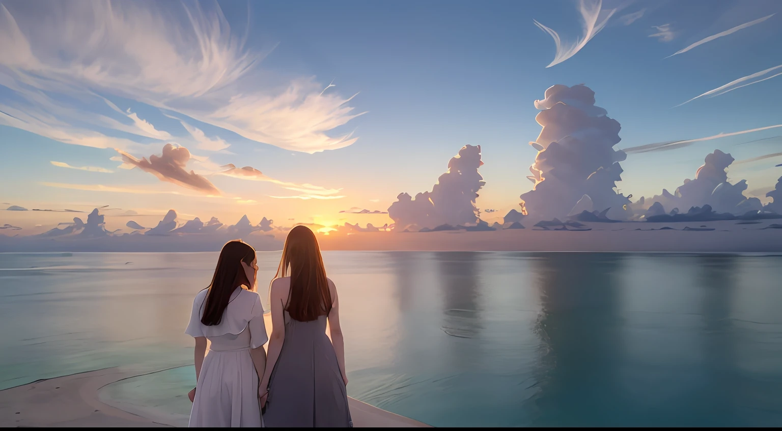 Top quality, ultra high resolution photo, drone footage, Maldives sunset, woman in dress, woman with long hair, woman in back, full body, sunny sky