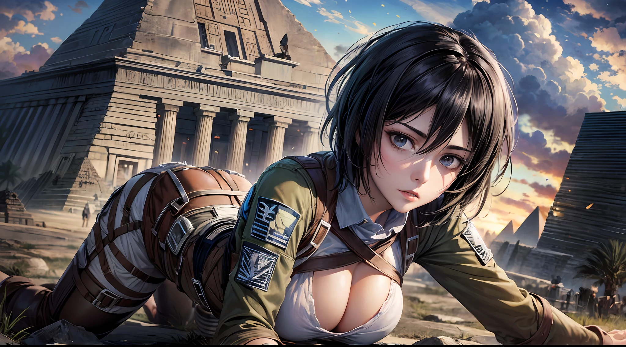 (Attack on Titan, Mikasa Ackerman), brown skin, black shirt, (short black hair), (on all fours), young, cute, beautiful girl, perfect style, big, emphasizing cleavage, expressionless, realistic, realistic, 8k, very detailed, highest quality, best quality, super high definition, masterpiece, one girl, (background is Egyptian pyramids),