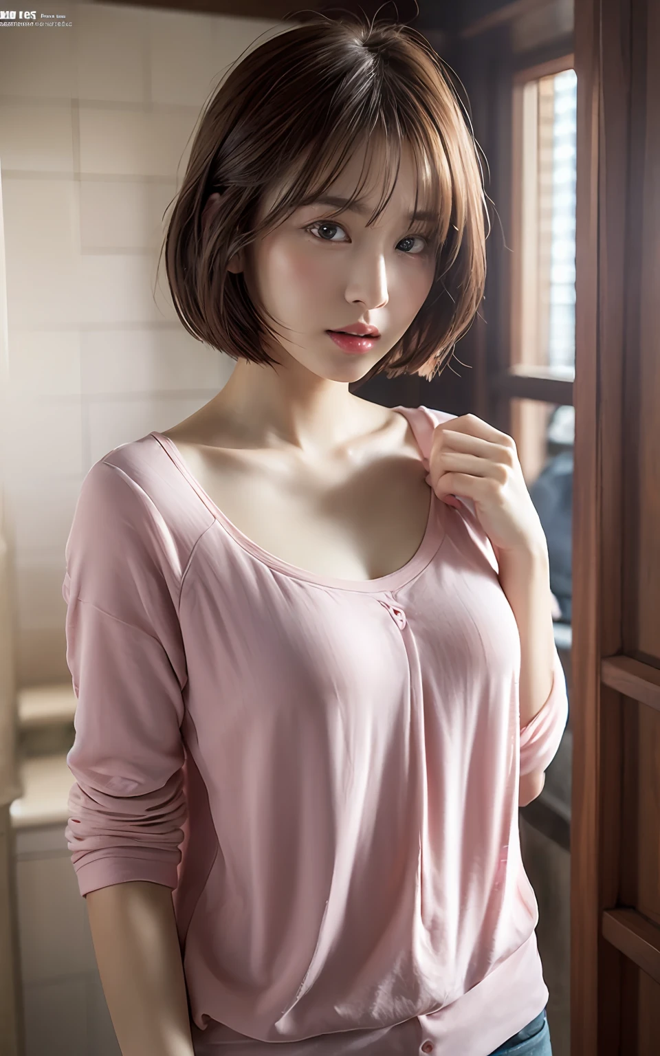 Highly detailed CG Unity 8k wallpaper, top quality, super detailed, masterpiece, realistic, photo realistic, very detailed cute girl, 25 years old, blush,, round eyes, medium breasts, looking viewer, half body shot , changing room , shirt , bob cut