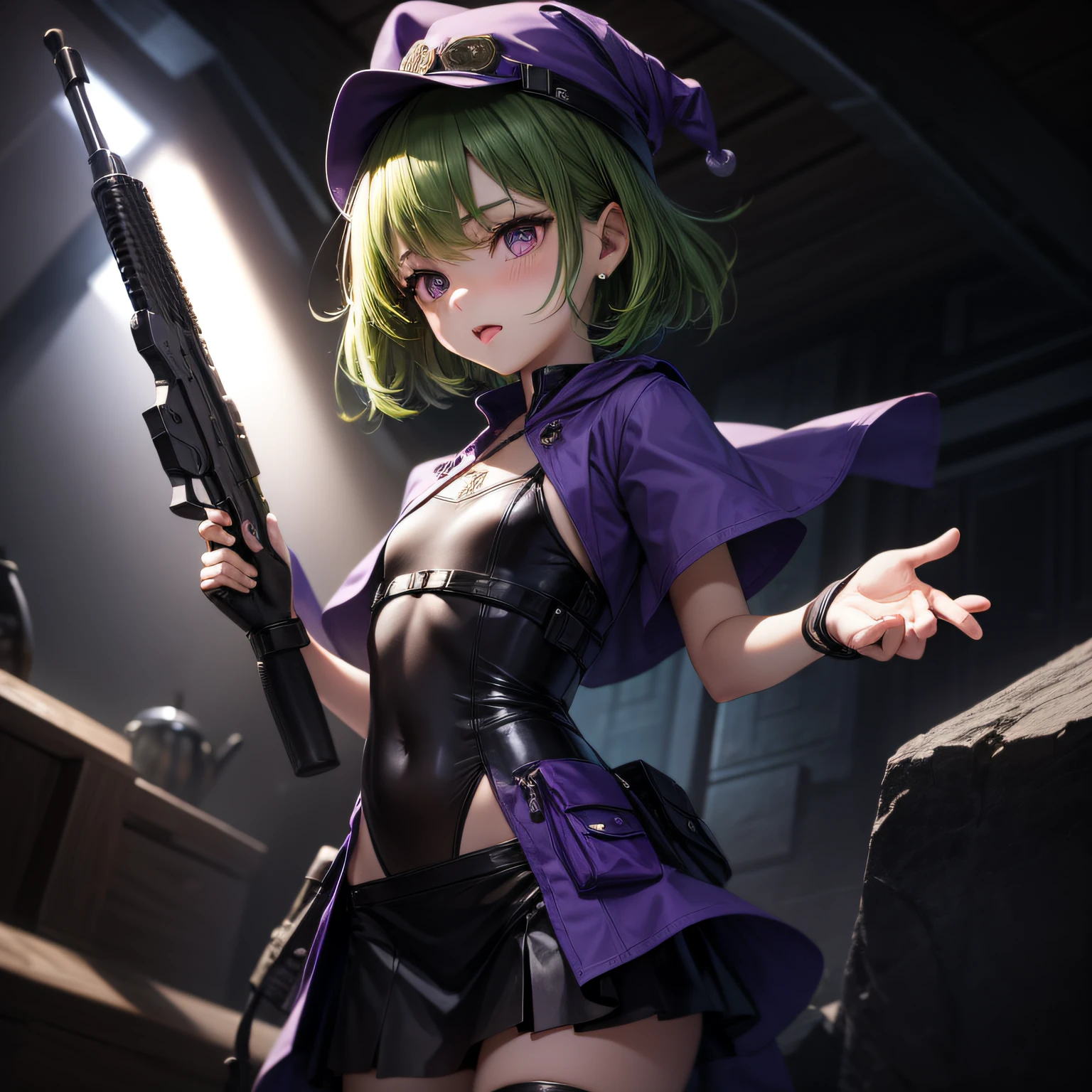 Top quality, very delicate and beautiful, (teenage girl), purple eyes, green hair, small, short hair, (purple pointy hat), one, having a tactical vest, short sleeves, purple skirt, purple wizard robe, navel, submachine gun