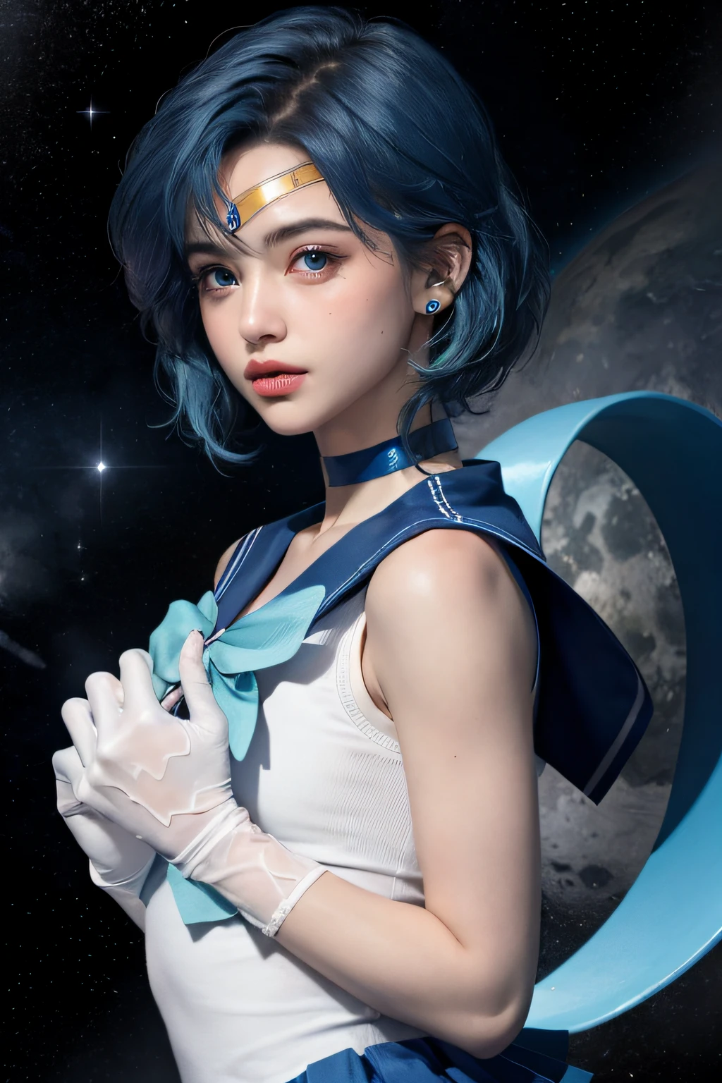 ((HD Real, SAMA1 level)), Extreme Real, Masterpiece, Best Quality, High Definition, SAMA1, Space, Stunning Beauty, Upper Body Photography, 1 Girl, Chest, Gloves, Lips, Solo, Sailor Mercury, Blue Eyes, SM Uniform, mer1, Tiara, Sailor Senshi Uniform, (RAW photo, best quality), Masterpiece, Blue Bob Hair, Blue sailor color, bow, choker, white gloves, blue choker, elbow gloves, jewelry, earrings, blue skirt, sole, full body, blue hair, (perfect hands): 3.8, octane rendering, goddess of mercury, (close-up: 1.2) finely detailed beautiful eyes, close-up, small eyes, look viewer, to8contrast style, octane line art, space background, mercury, water effect, lowered hands, no makeup, thin arched eyebrows, soft smile,